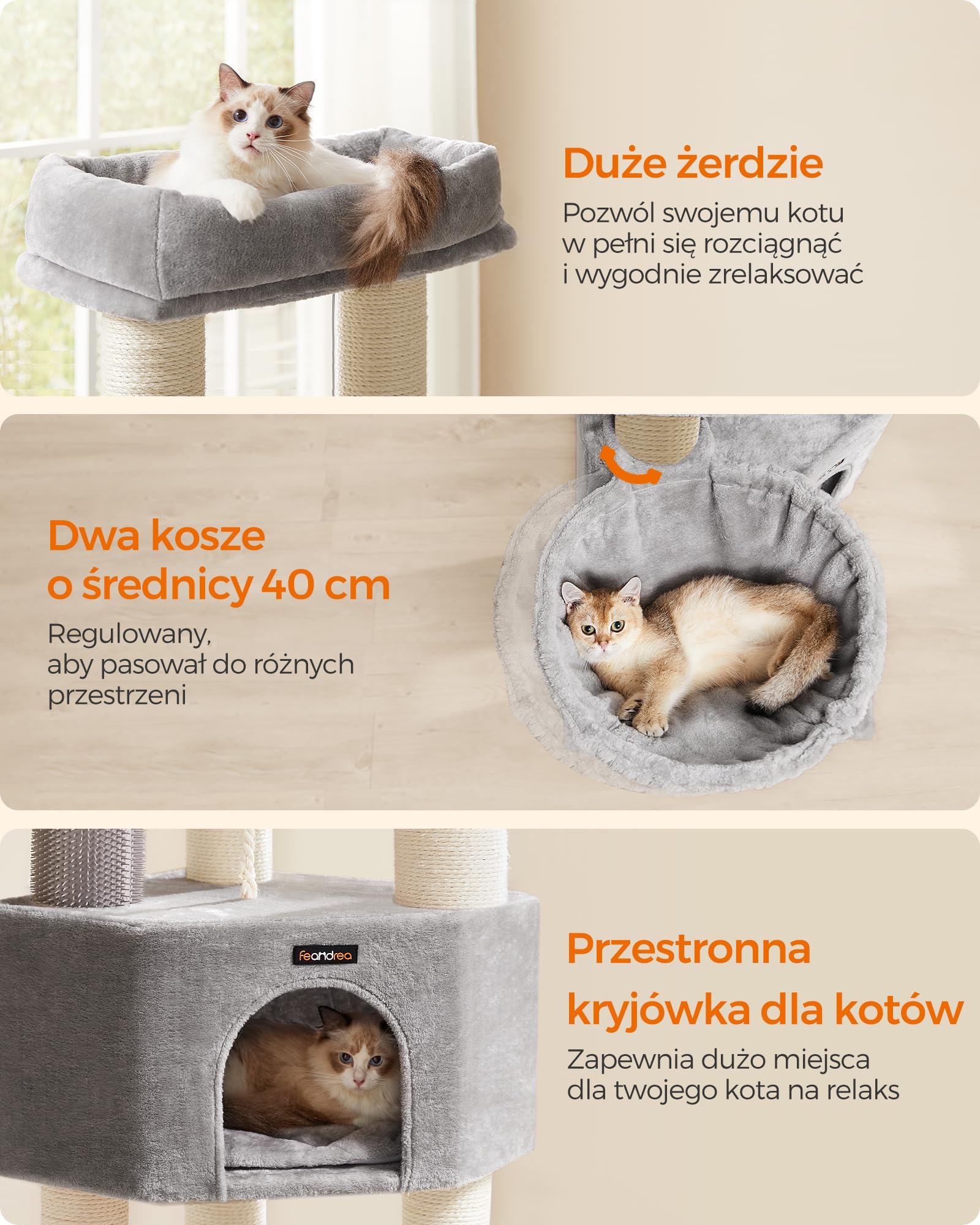 Feandrea Drapak dla kota z ciepłymi kocami, dla dużych kotów, 2 szczotki kotów, grubość pnia 11,1 cm, duże platformy, 50 x 50 x 160 cm, kolor gołębiej szarości i kremowej bieli PCT003N01