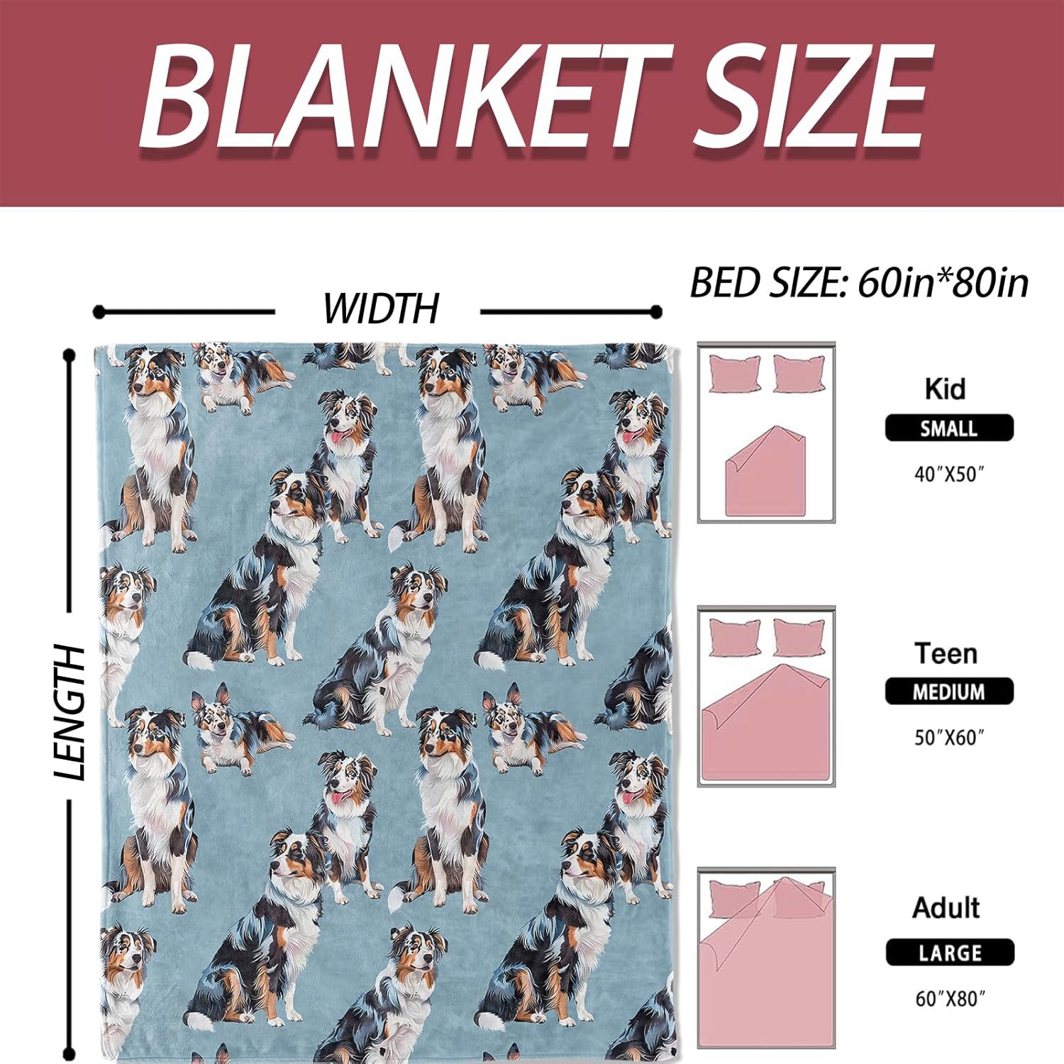 Dog Lover Blanket 50×60 Inch,Realistic Hand-Drawn Australian Shepherd Print Lightweight Flannel Throw on Blue Background,Cartoon Puppy Animal Decor,Gifts for Kids, Teens,Pet Fans - Image 3
