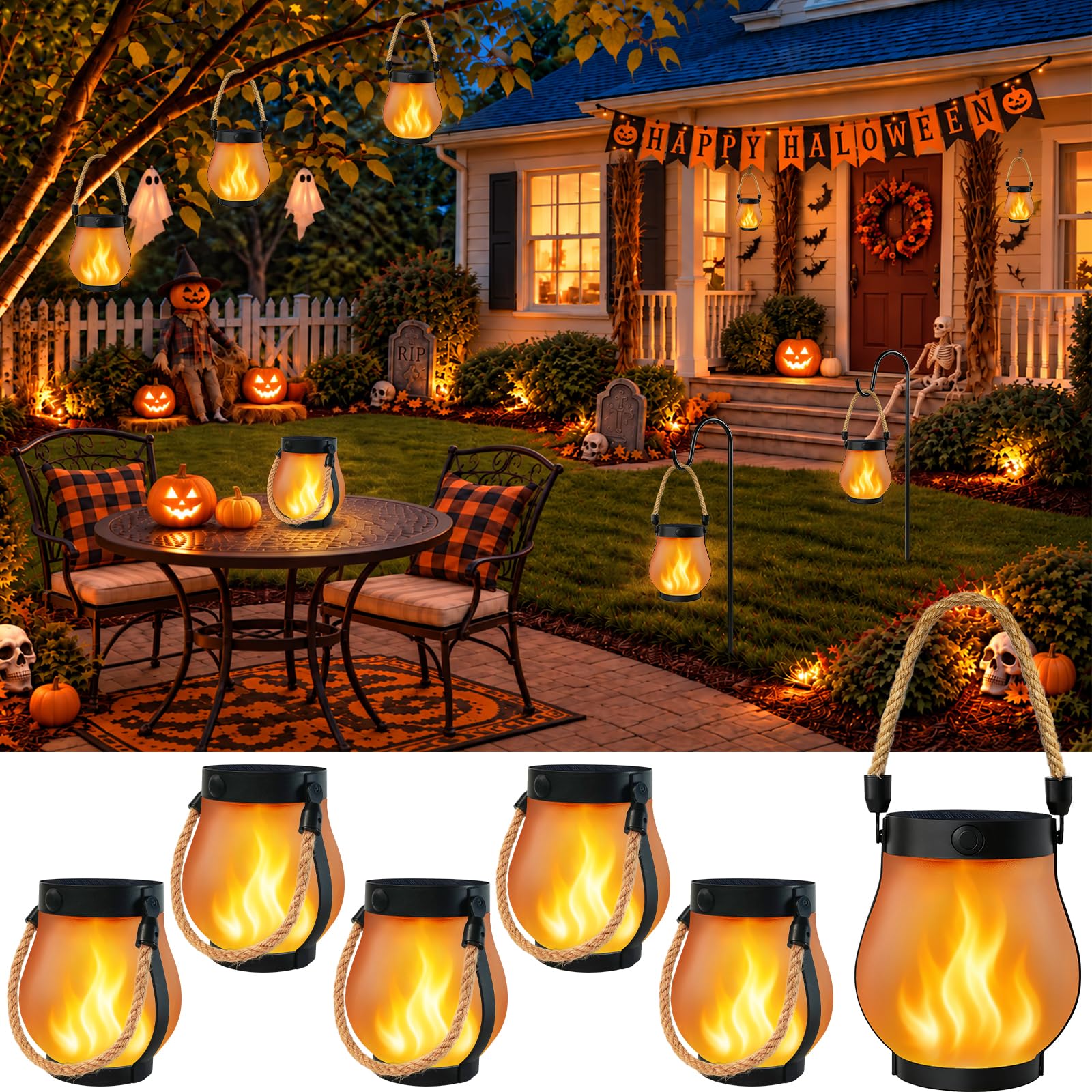 6 Pack Solar Lanterns Outdoor Waterproof Flickering Flame Halloween Lights | USB/Solar Ch…