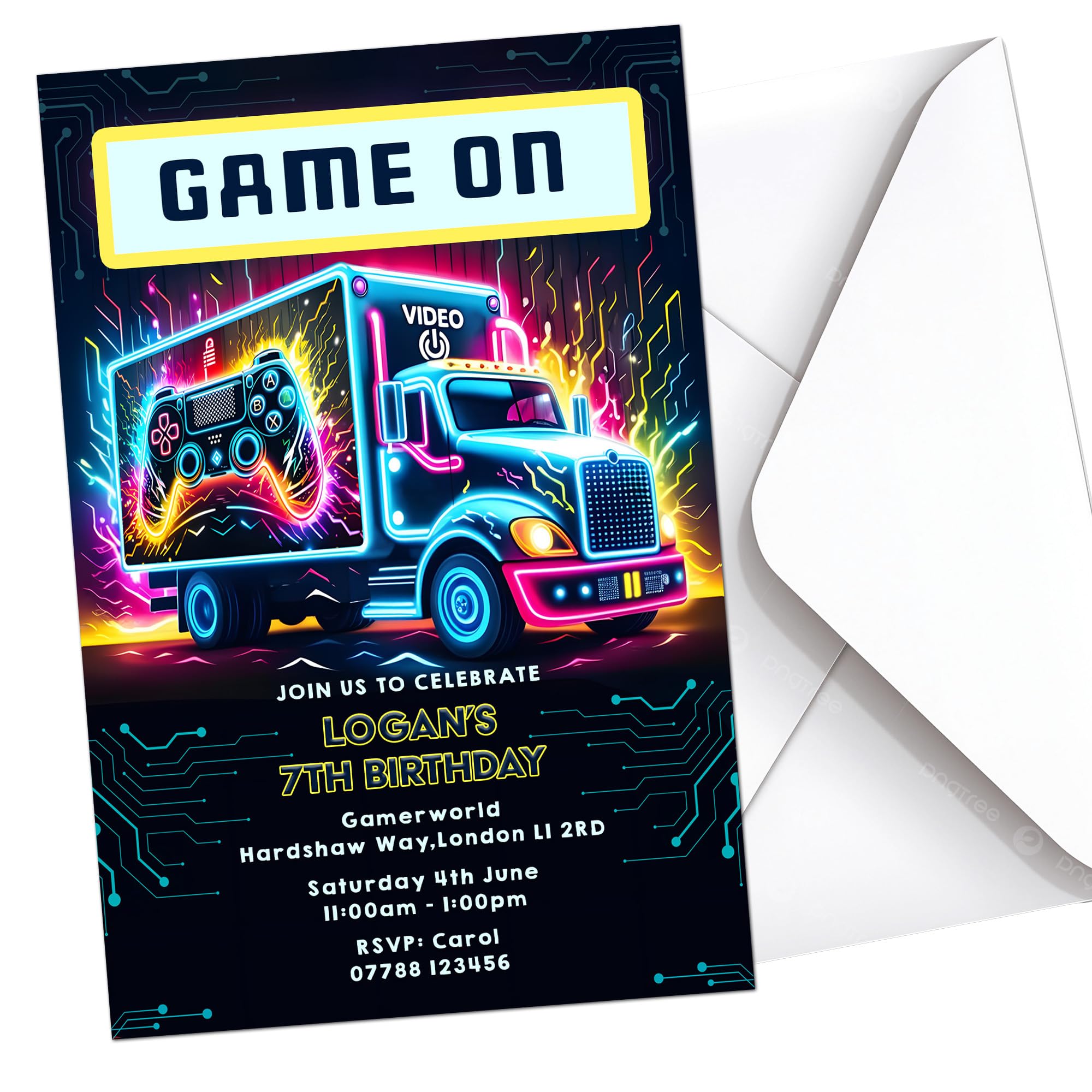 Gaming Truck Van Party Invites Birthday Invitations & Envelopes Personalised K260