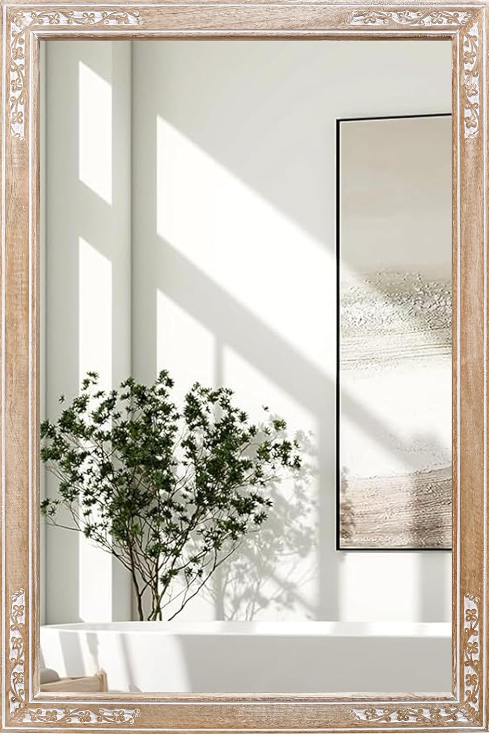 The Wooden Town Mirror in Solid Mango Wood and Real Glass, Bathroom Vanity Mirror, Farmhouse Decorative Mirror for Home, Vertical & Horizontal Hanging, Wood Finish 36x24 White Antique