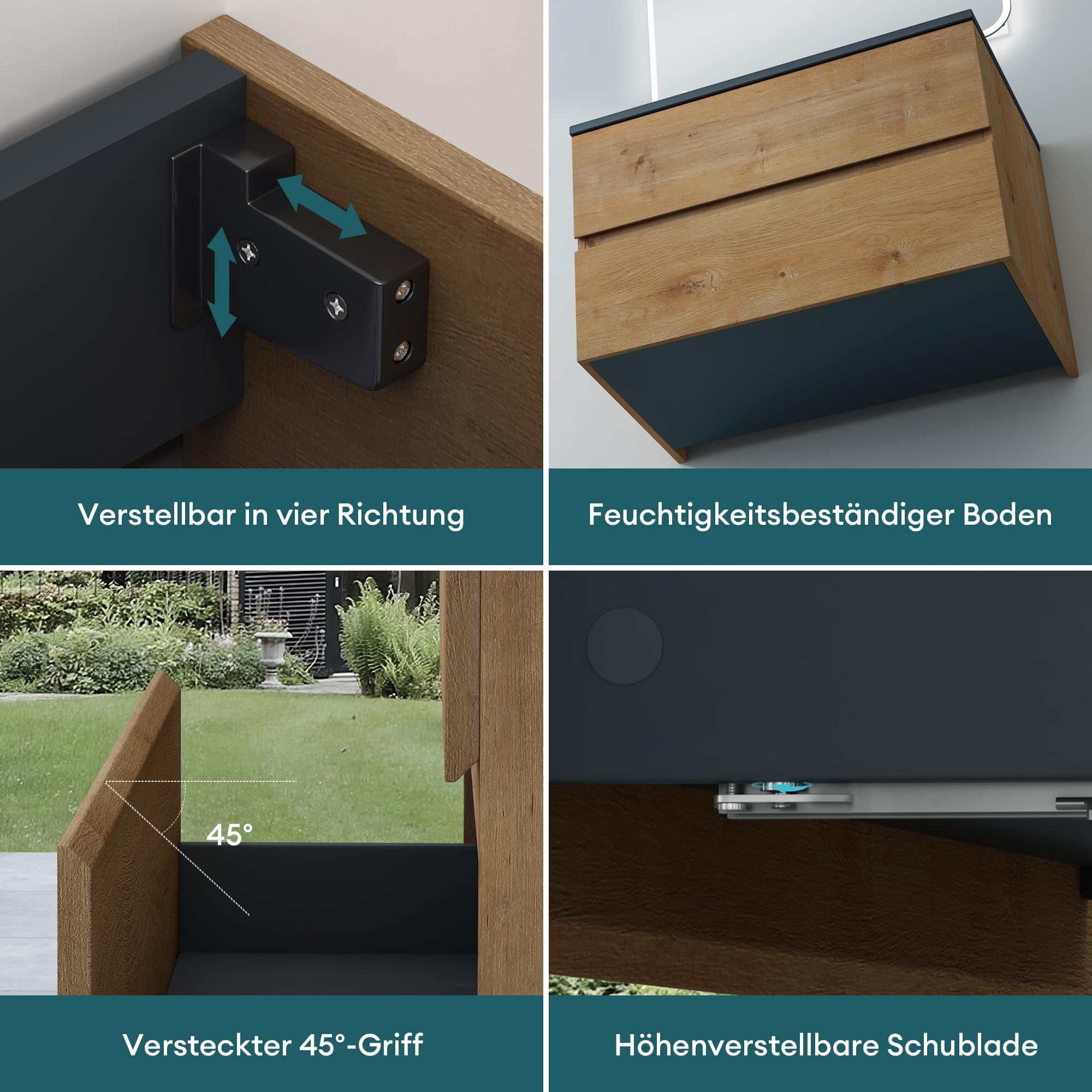 Mai & Mai Badmöbel-Set Waschtisch mit Unterschrank Mineralguss Waschbecken in Anthrazit Waschbeckenunterschrank 80x48x50cm Kerneiche 2-Schubladen Soft-Close Aqualis