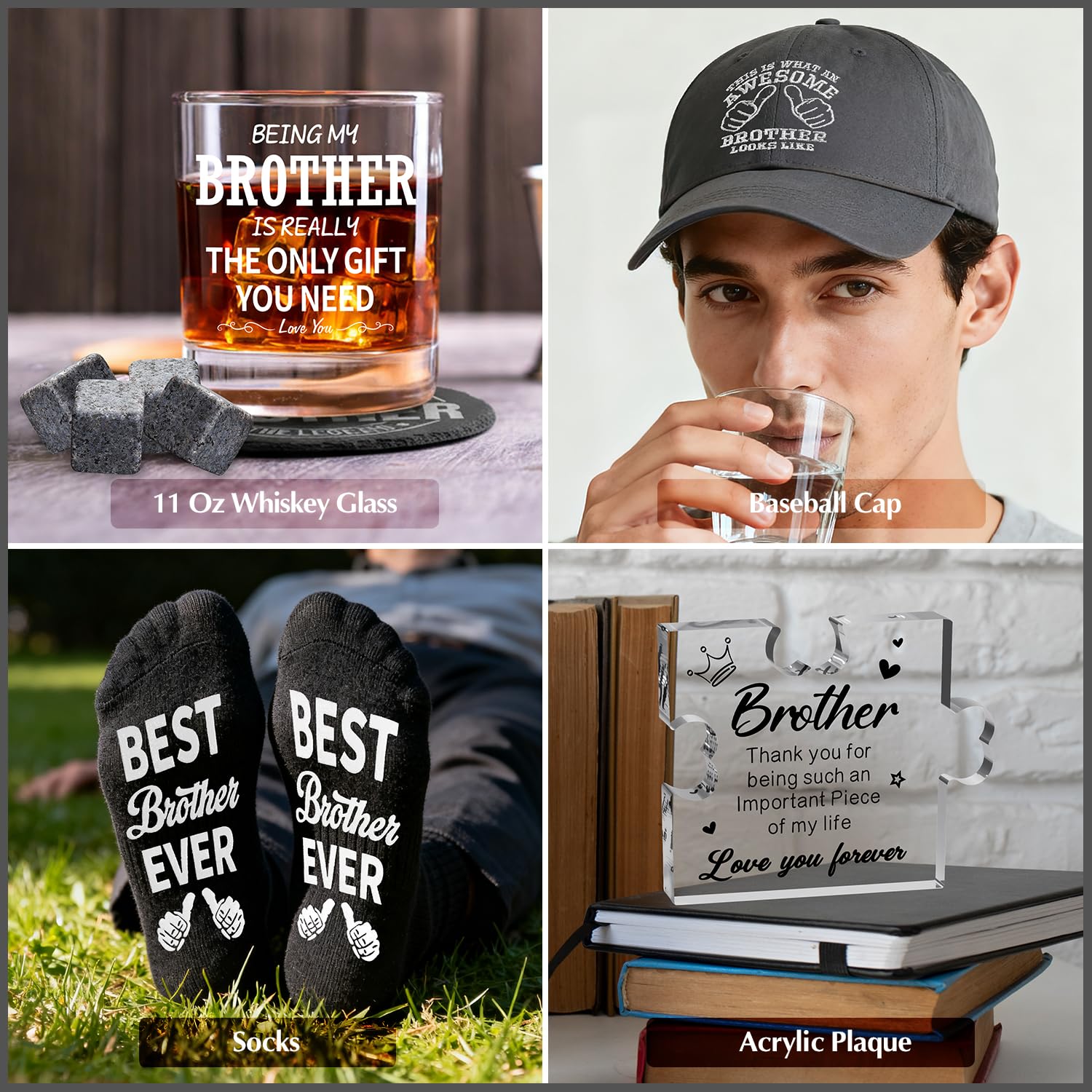 15 Pcs Brother Gifts from Sister Brother with 11 Oz Whiskey Glass Coaster Hat Socks Acrylic Plaque Bracelet Keychain, Birthday Christmas Christian Gift for Men Son Nephew Grandson