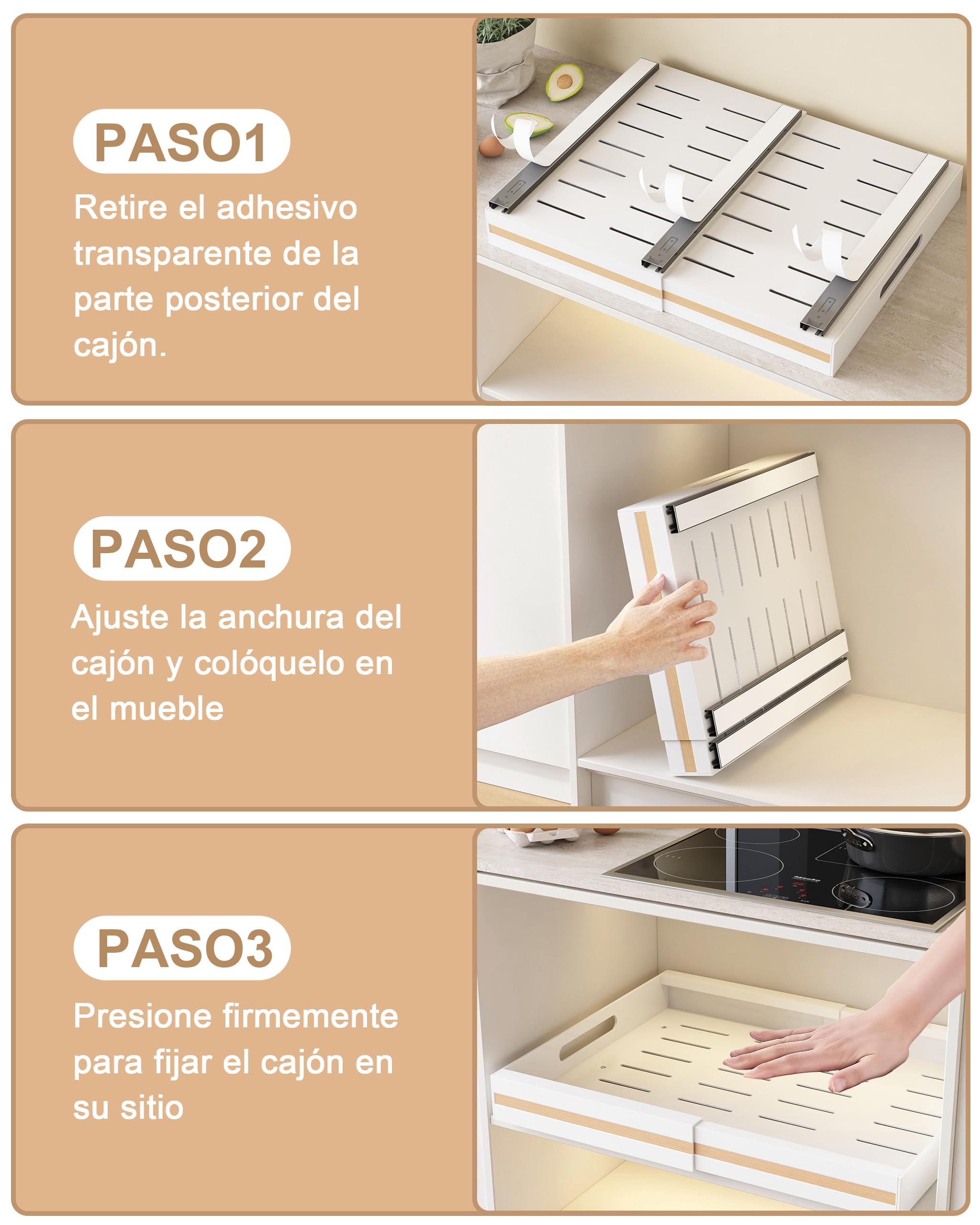 UMDONX 2 Paquete Organizador Armario Cocina Cajones Extraibles Adhesivos - Cajones Deslizables y Estantes para la Despensa, Ancho Ajustable de 30.5 a 51.5 cm, Blanco