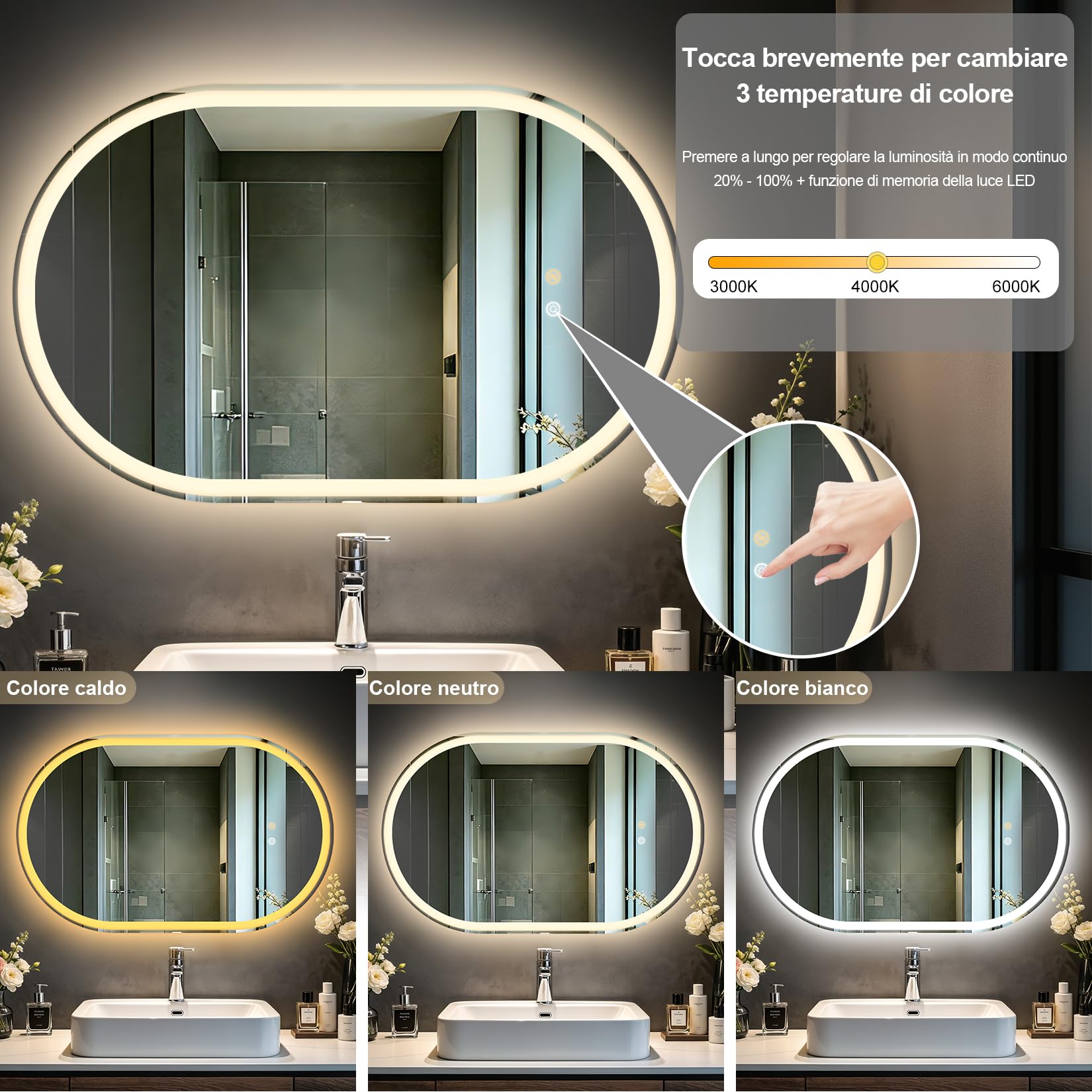 Miroir de salle de bains ovale avec éclairage LED, 80 × 50 cm