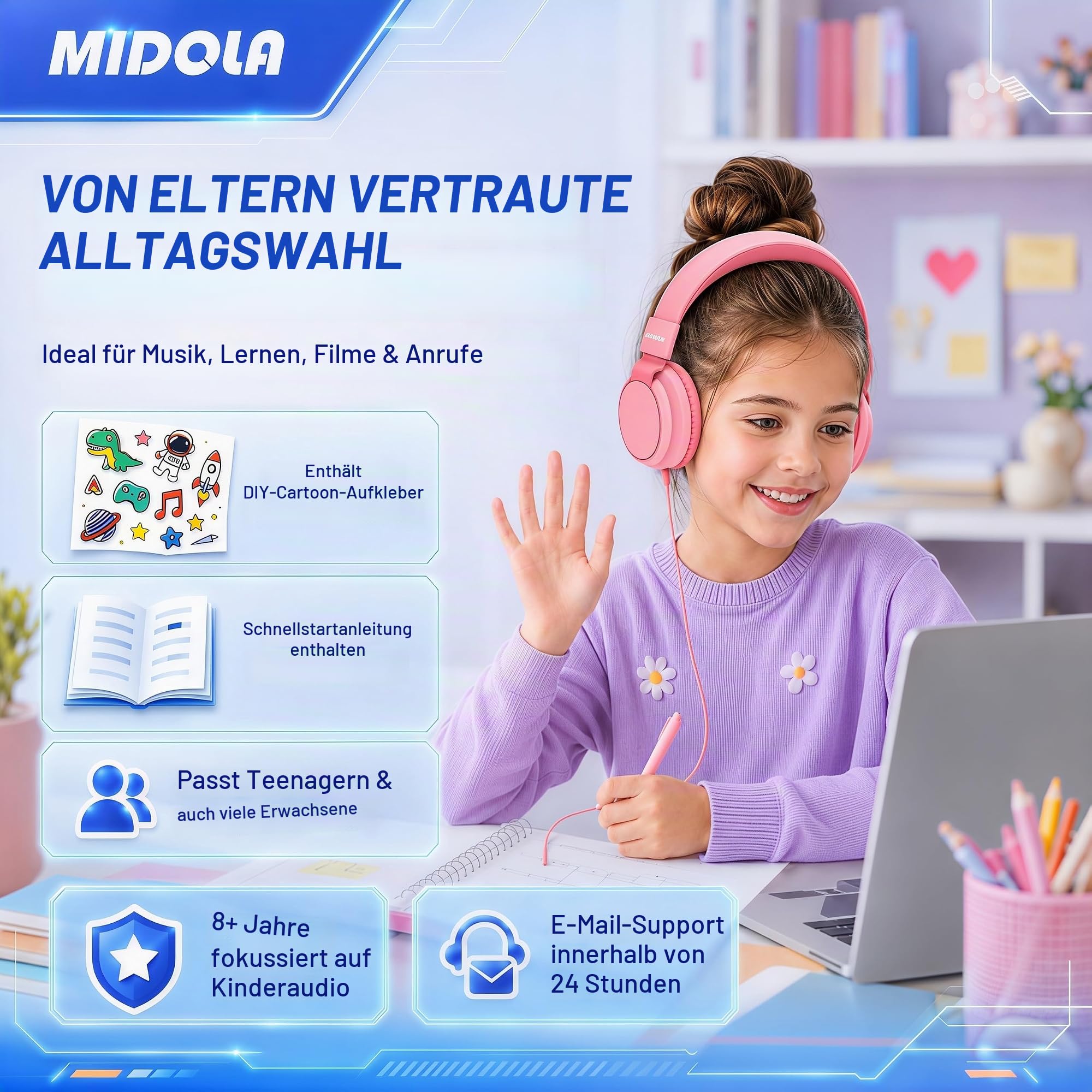 MIDOLA Kinderkopfhörer, kabelgebunden, Lautstärkebegrenzung 85/96 dB, Over-Ear/On-Ear, faltbares Headset mit Inline-Kabel, AUX-3,5-mm-Kabelmikrofon für Kinder, Jungen und Mädchen, Rosa