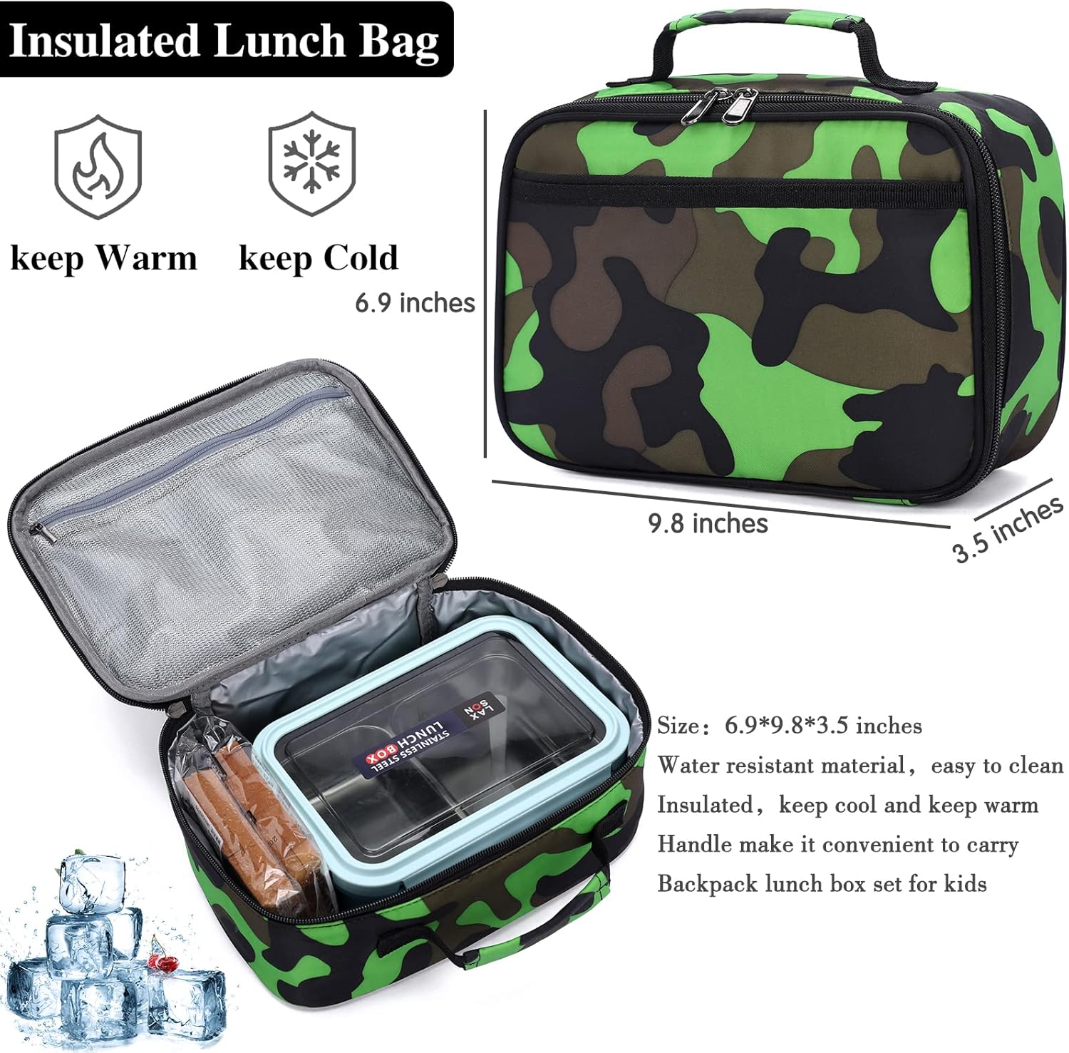 Ladyzone Camo School Backpack Lunch Box Set Lightweight Schoolbag Travel Camp Outdoor Daypack