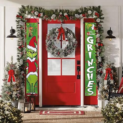 SEPPR Cartel de Navidad de monstruo verde de Navidad para decoraciones de puerta delantera pancarta de puerta de garaje pancarta de feliz Navidad