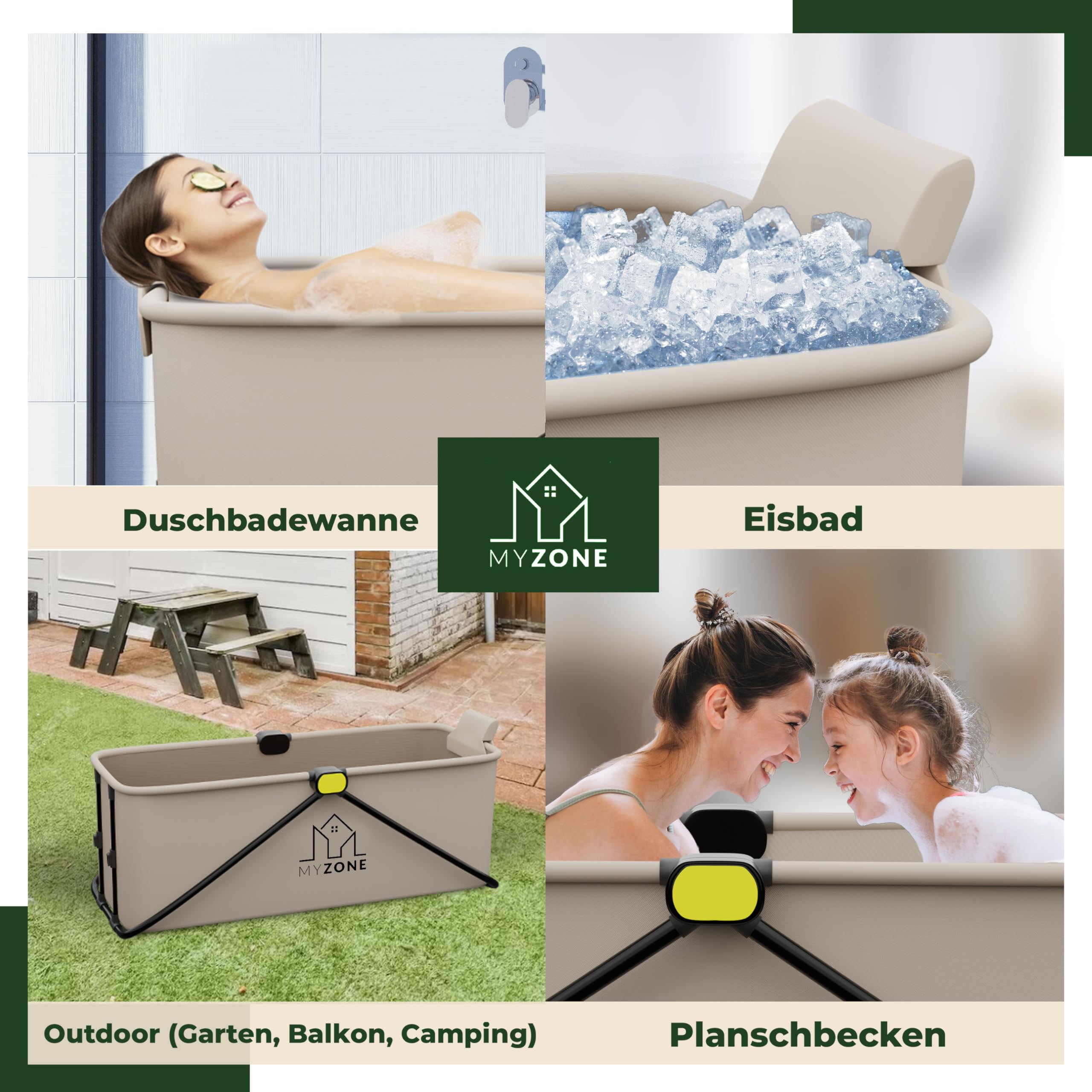 MyZone faltbare Badewanne, 150 x 60 x 50 cm | Klappbare, Mobile, Platzsparende, Badewanne für Dusche | Outdoor, Duschbadewanne, Eisbad/Eiswanne | Alternative zu aufblasbare Badewanne Erwachsene Grau