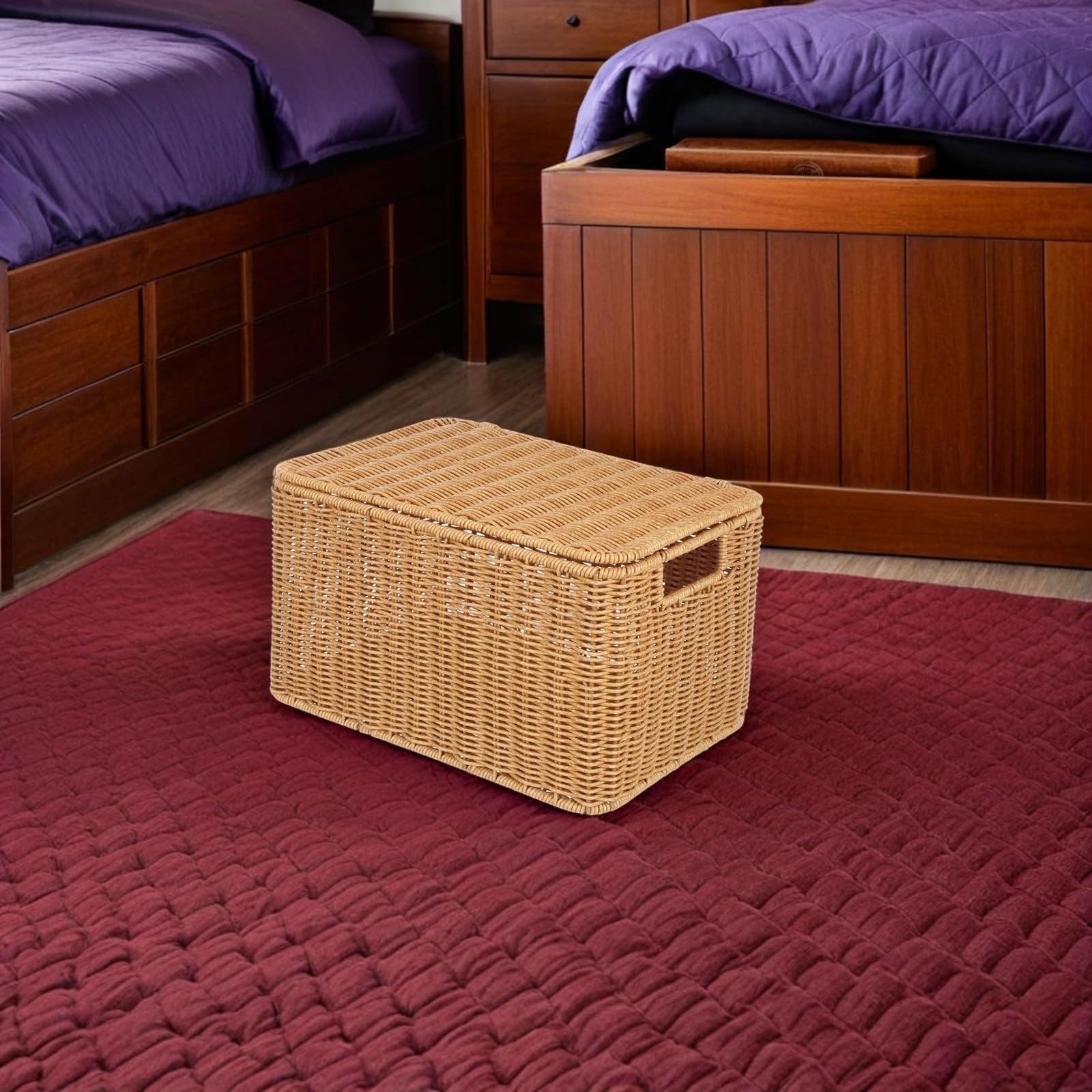 POPETPOP Cesta de Almacenamiento de Ratán Sintético, Cesta de Almacenamiento Rectangular con Tapa, Grande, Khaki, Ligera y Portátil para Juguetes, Maquillaje y Baño Hogar y Dormitorio