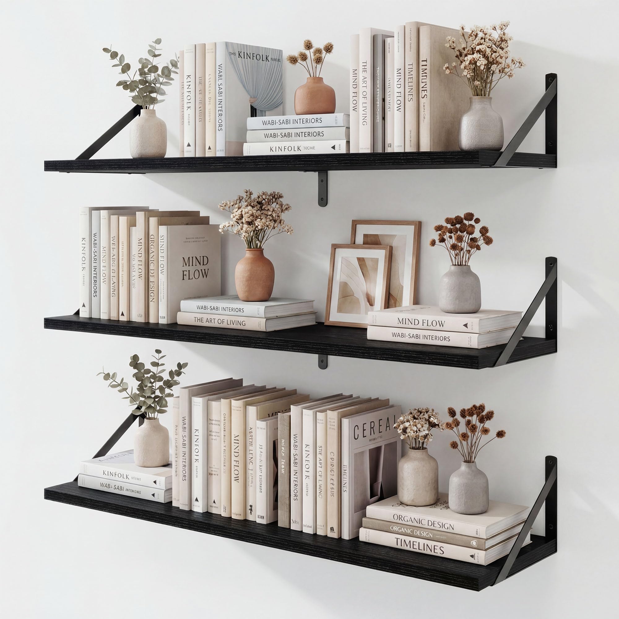 Fun Memories Floating Shelves for Wall, 90 CM Long Set of 3 Wall Shelves for Bedroom​,​ Floating Bookshelves with Metal Brackets for Living Room, Kitchen, Bedroom and Laundry Room (Black)