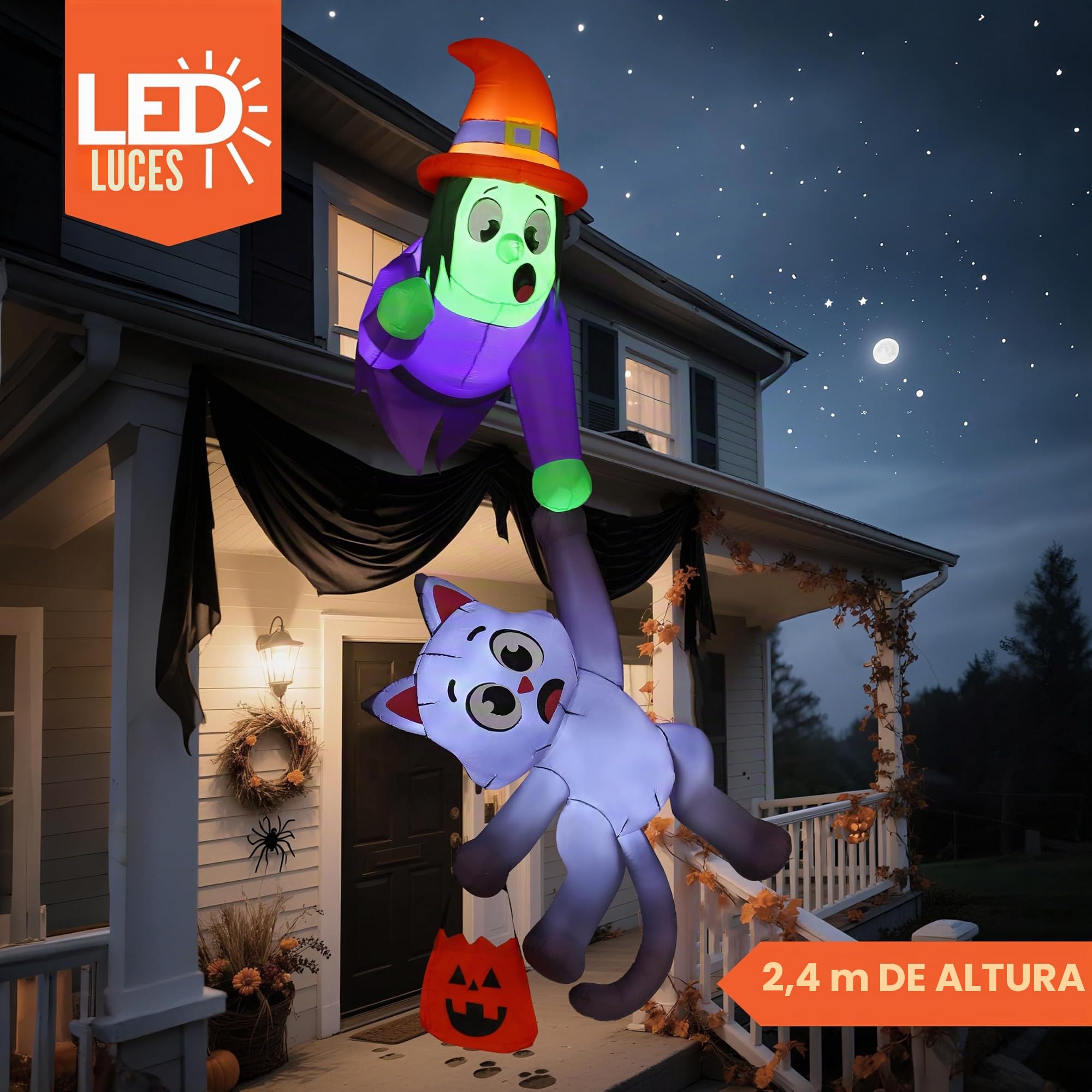 JOYIN Decoración inflable de techo de Halloween de 2,44 m de altura, bruja y gato negro, decoración inflable con luces LED, artículos gigantes inflables de Halloween para exteriores, patio