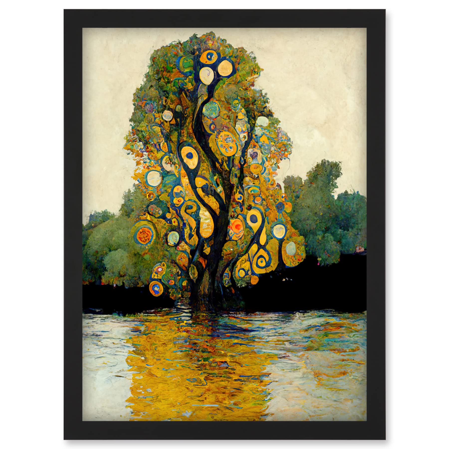 Klimt Style Tree River Bank Scene Framed Wall Art Print A4 - Artery8