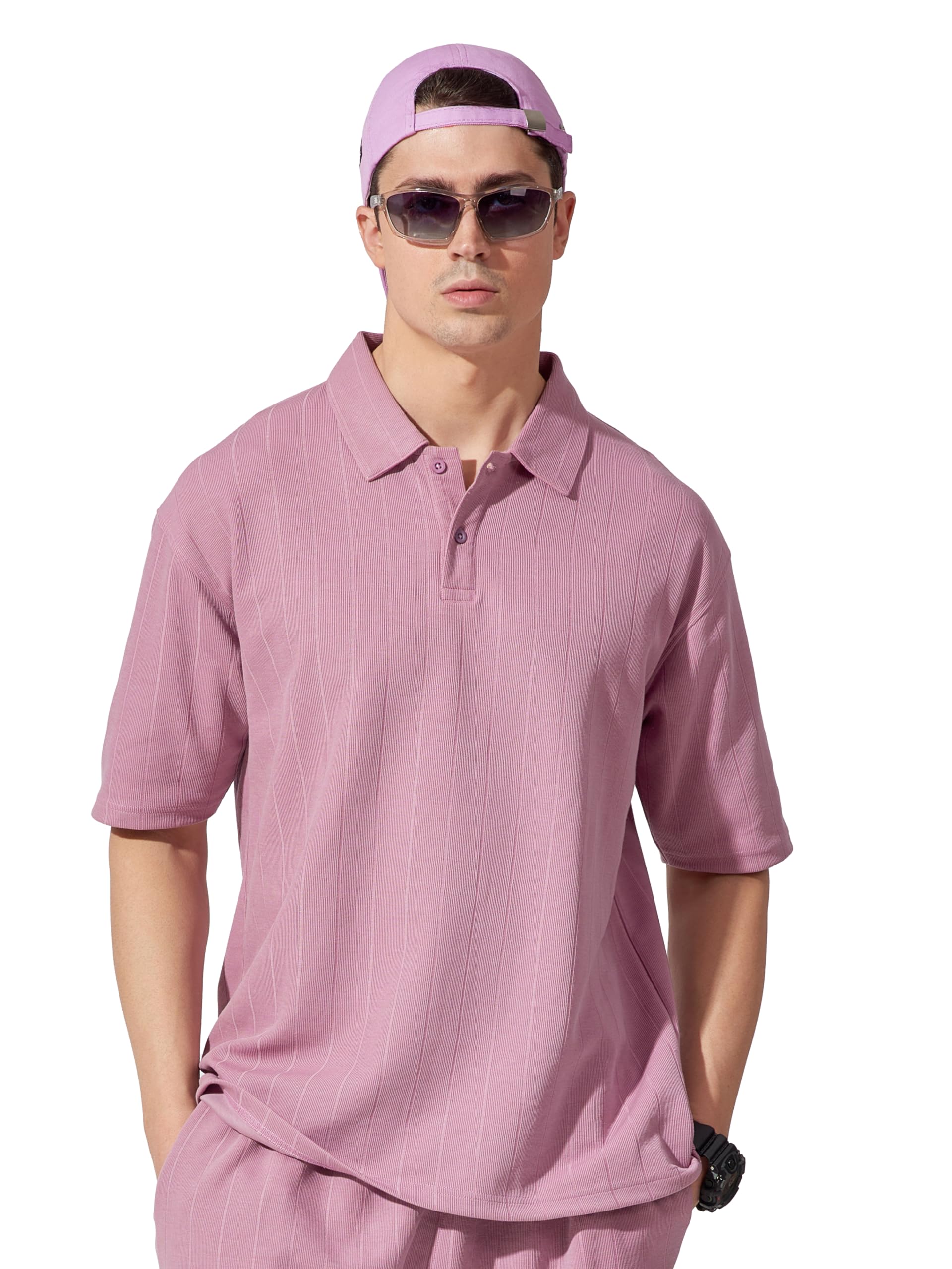 ManiacMens Solid Polo Neck Half Sleeve Brooklyn Lavender Cotton Oversized fit T-Shirt