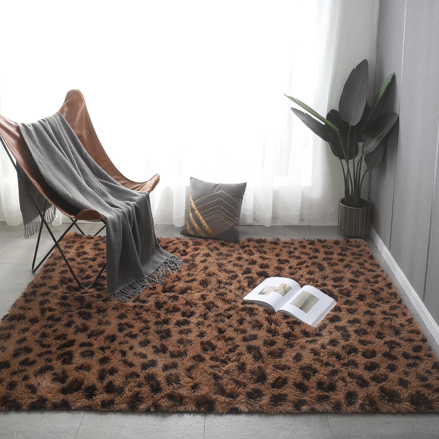 Aexpath Rugs Living Room, Brown Leopard Print,200x250 cm, Thick Luxurious Soft High-Pile Rug Carpet, Tie-Dye Area Rug, for Indoor Living Rooms, Bedrooms, and Hallways, Hand Washable, Fade-Resistant