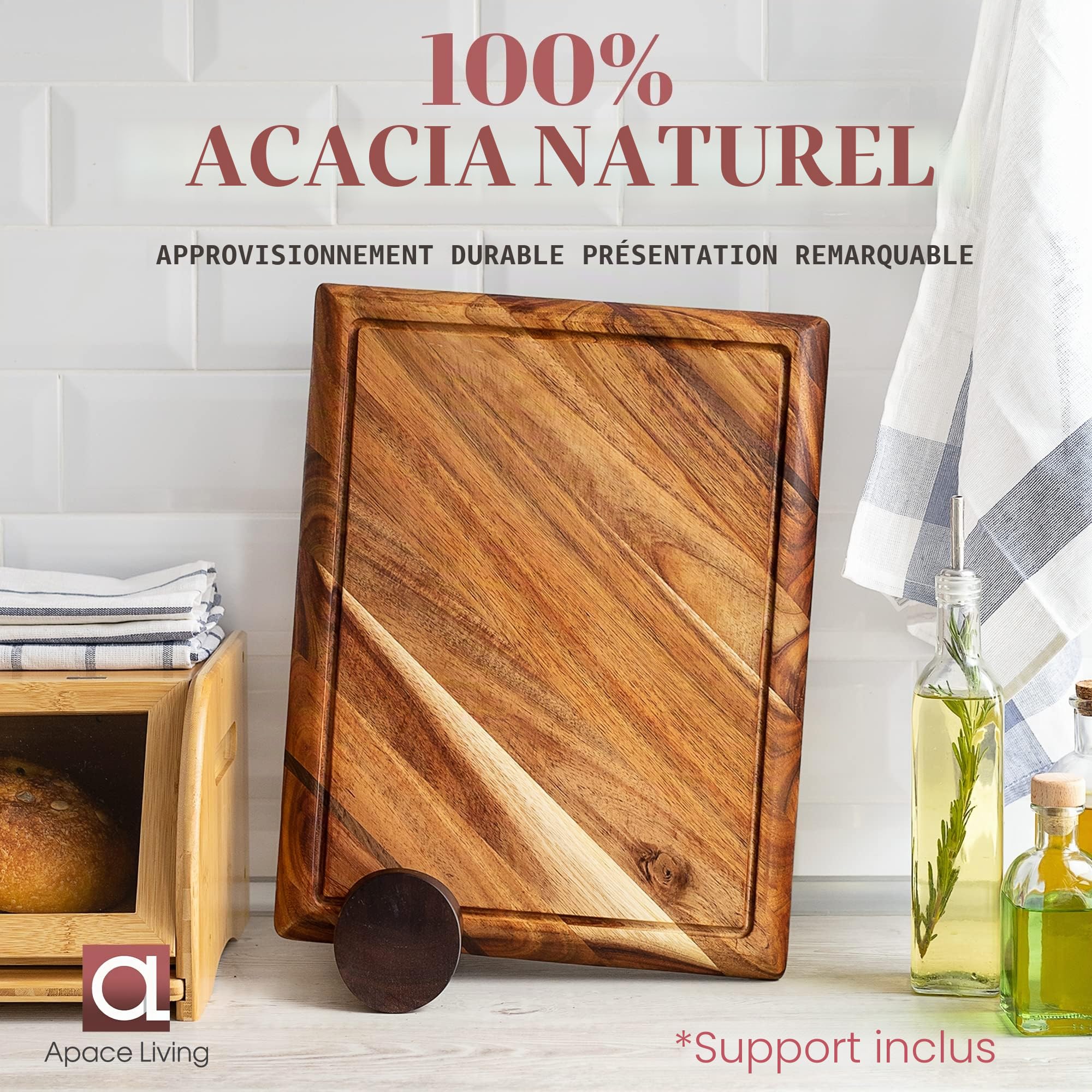Planche à Découper Bois Contour - Grande Planche a Decouper en Acacia en Bois Durable, avec rainure pour les liquides - Peut être utilisée comme planche de service, 4 compartiments - 43 x 33 x 3,8