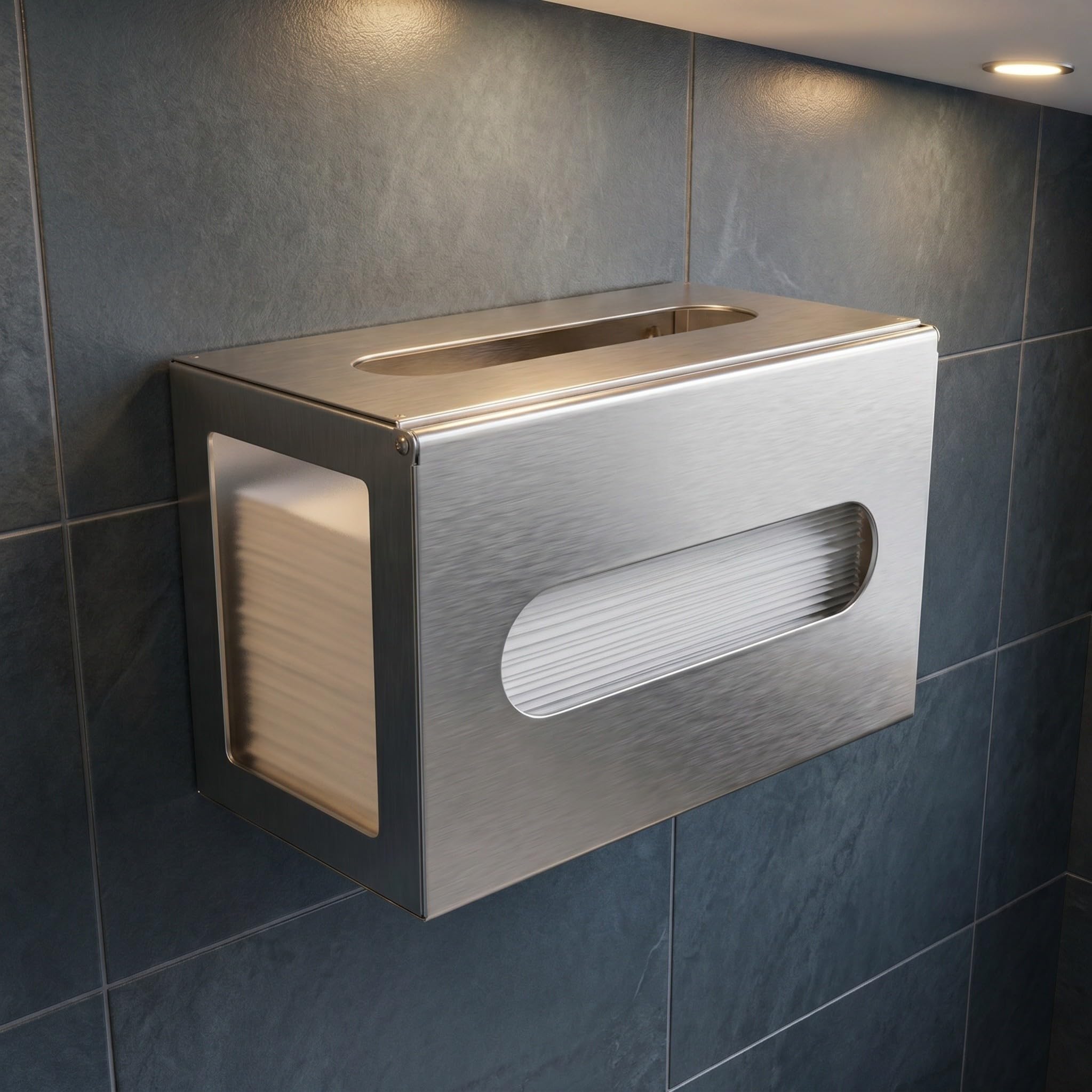 Dispensador de Papel Toalla de Acero Inoxidable Plata, Diseño Montado en Pared Apertura Amplia, Almacenamiento Estable y Ahorro de Espacio para Baños de Alto Tráfico