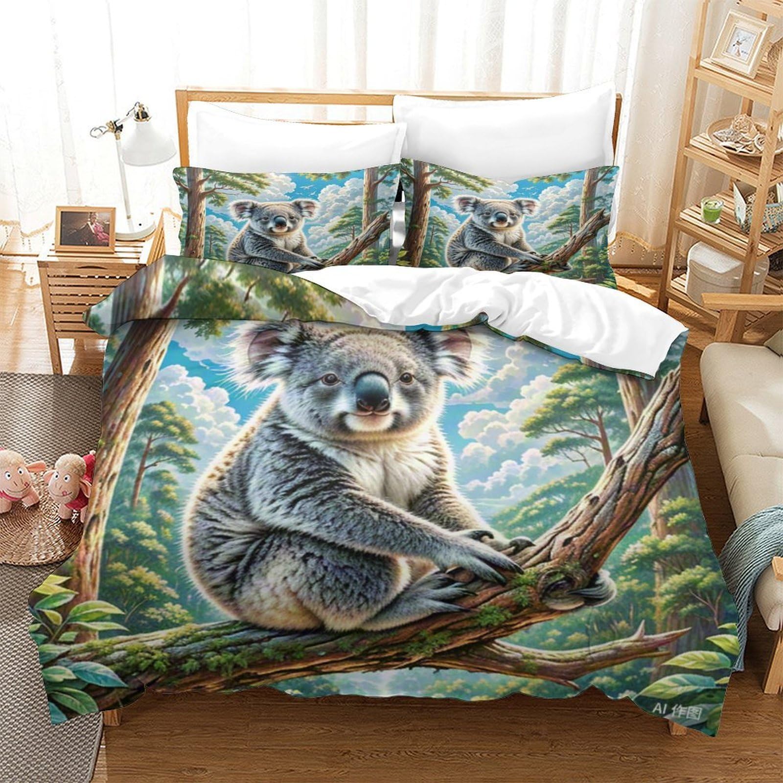 Housse de couette koala pour chambre d'enfant et ado, grand lit double 260x220 cm