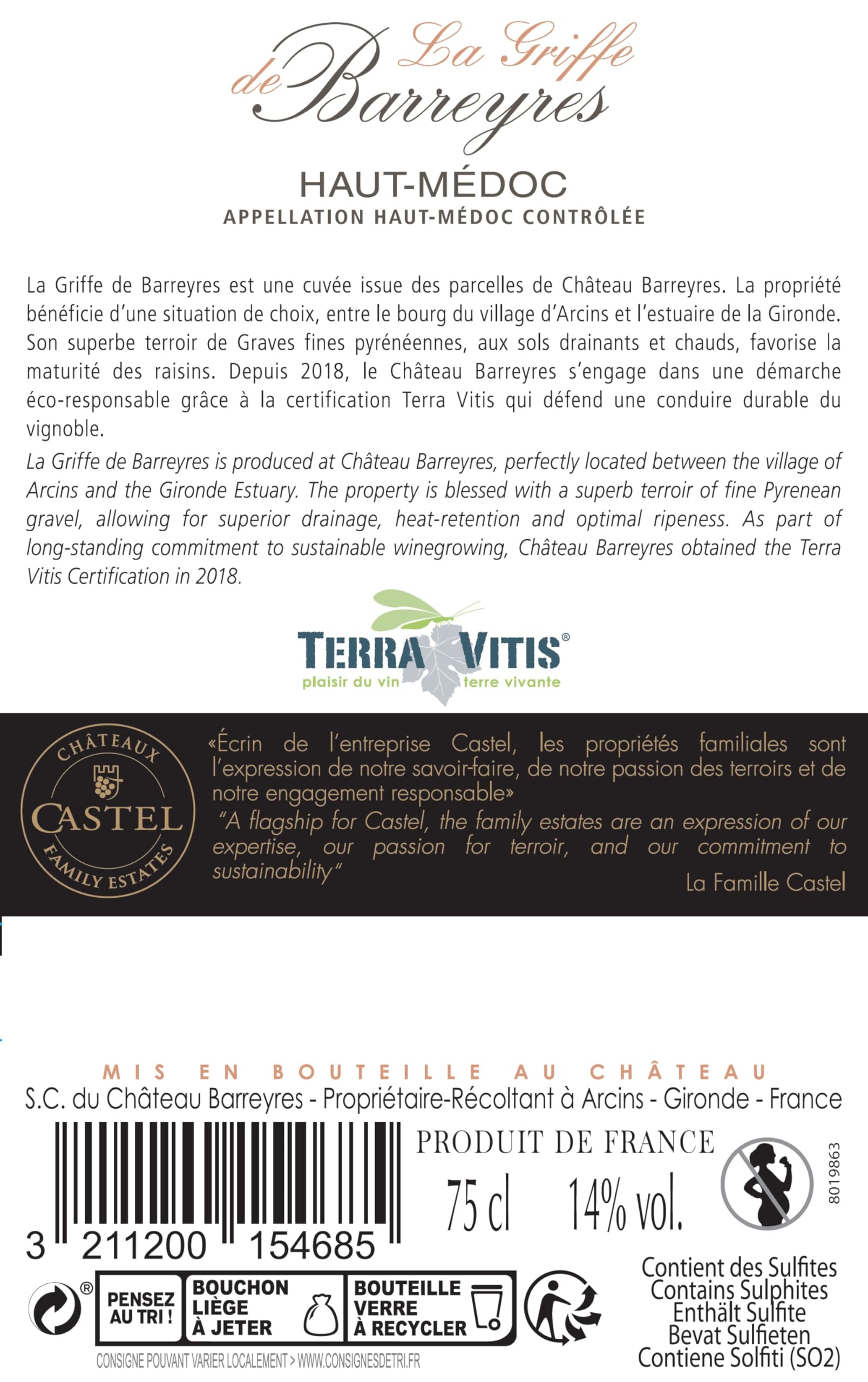 La Griffe de Barreyres - AOP Haut Médoc - Vin Rouge - Terra Vitis - Lot de 6 bouteilles x 75 cl - 2019