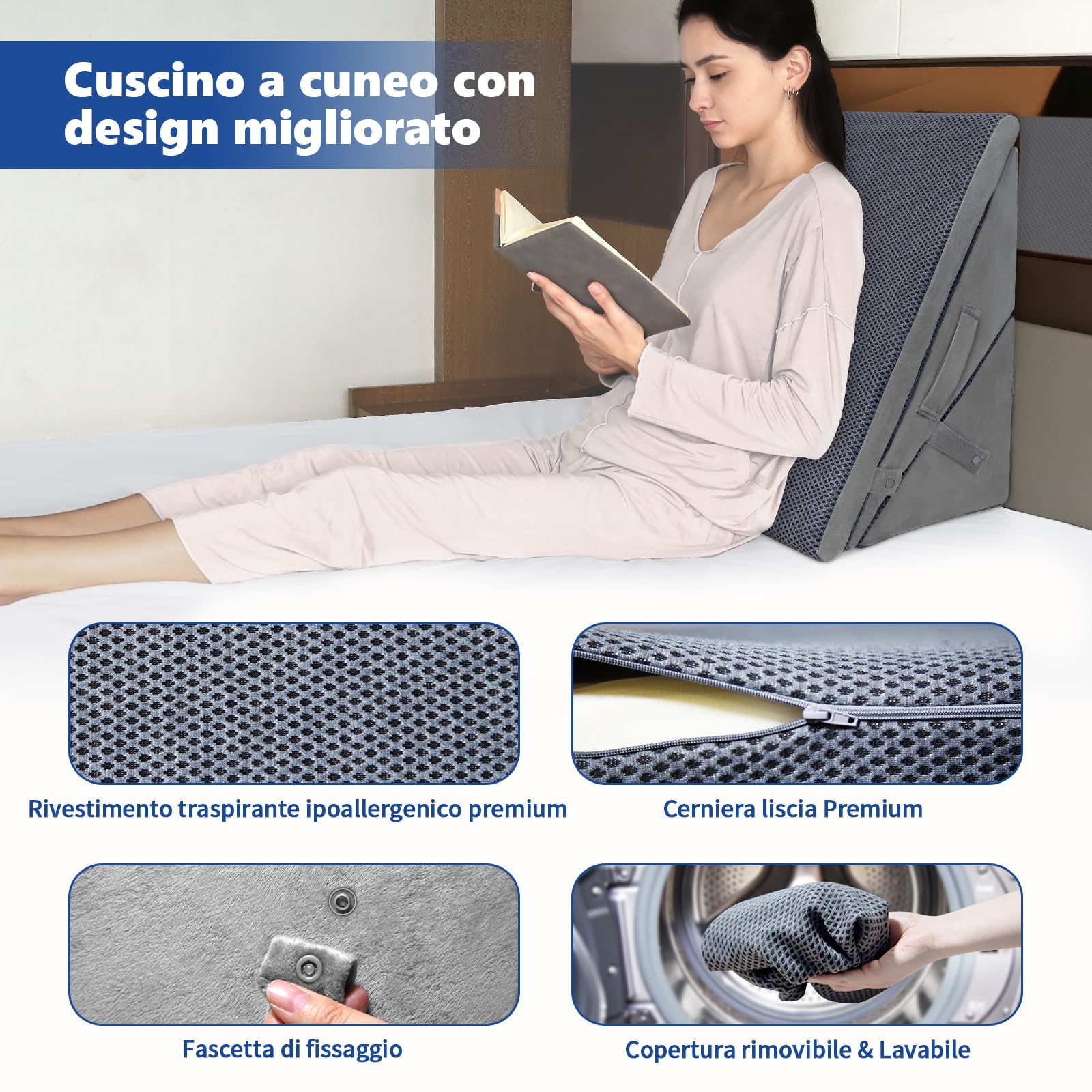 KingPavonini Cuscino a cuneo per letto, 4 altezze regolabili, Memory Foam, Ideale Dopo l'intervento Chirurgico per il Supporto di Schiena, Gambe e Ginocchia, Reflusso Acido, Bruciore di Stomaco