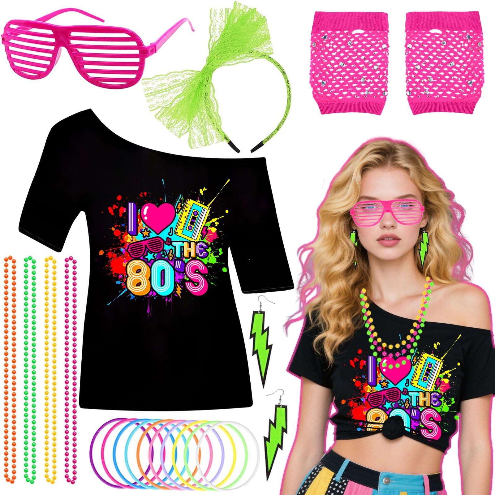 19Pcs 80s T-Shirt Set for Women, 1980s Retro Fancy Dress Accessories with Top Fishnet Gloves Earrings Headband Shutter Glasses Bracelet Necklace for Girls Costume Outfit Hen Do Party