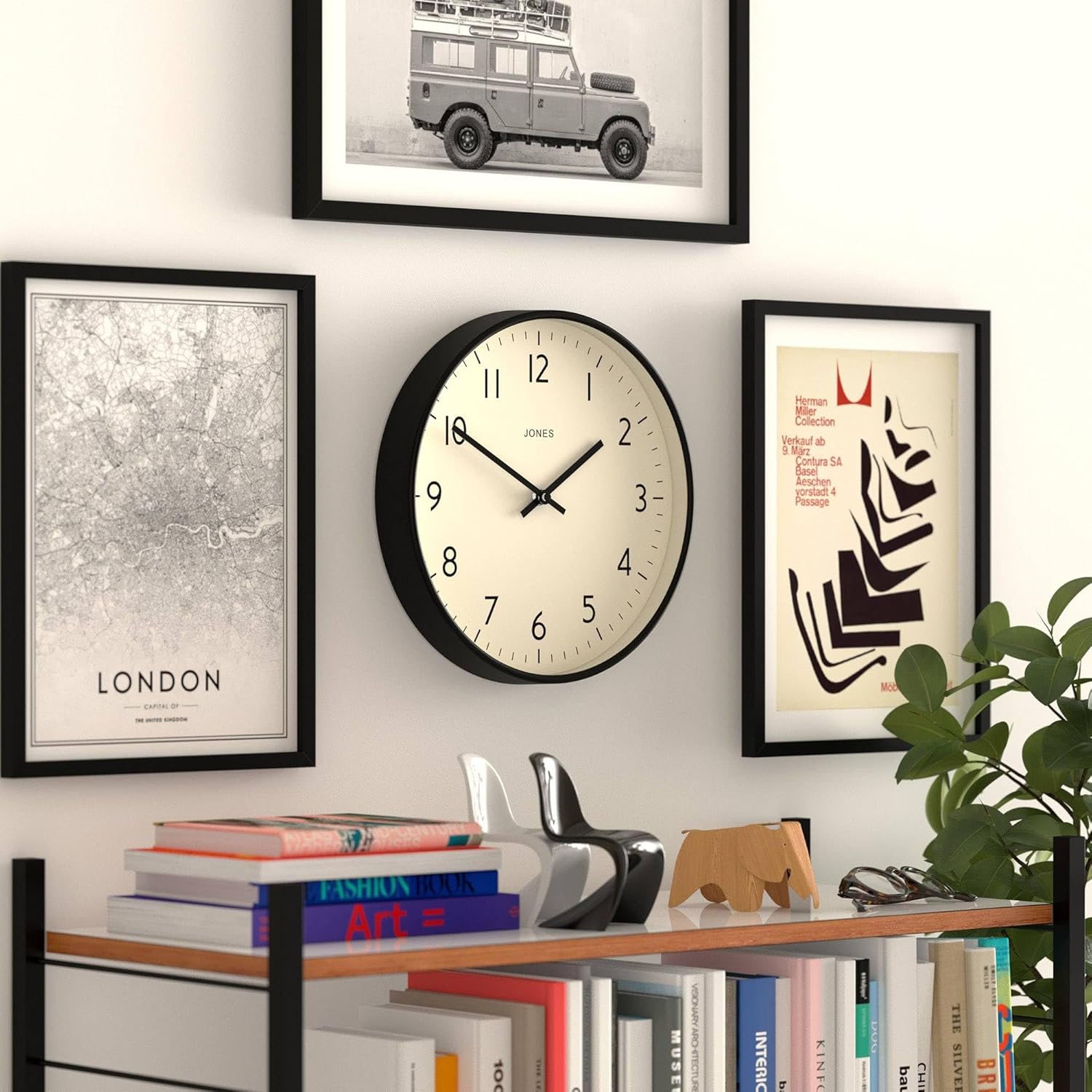 JONES CLOCKS® Studio wall Clock | Modern Round Style | 12 inch | Black | Easy to Read Numbers | Versatile Design for Kitchen, Living Room or Office