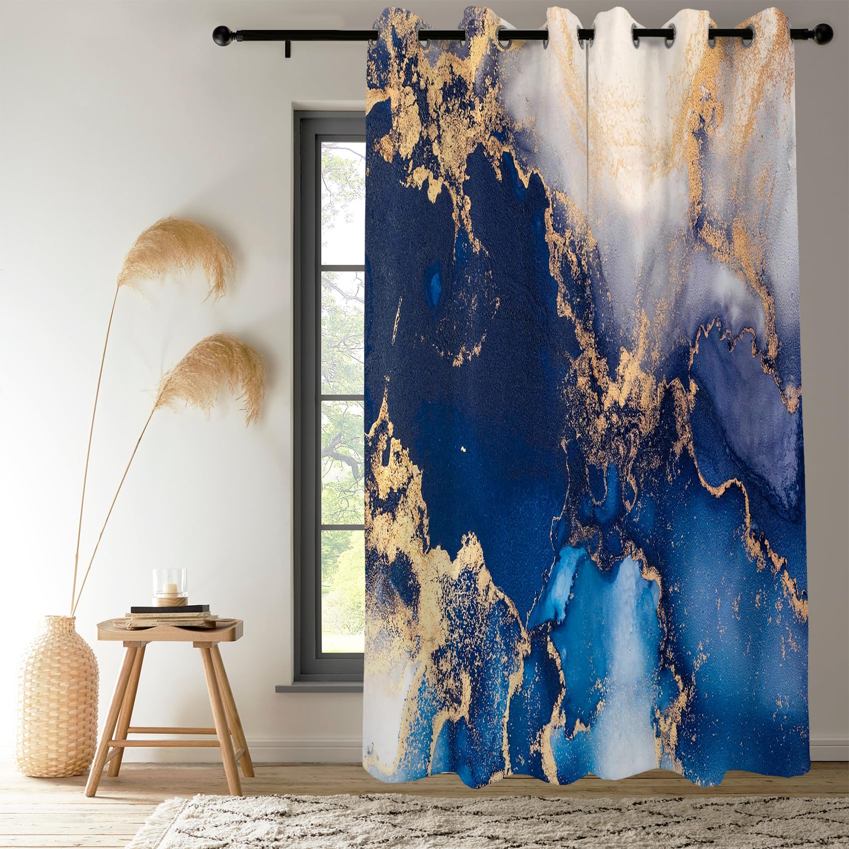 Renaiss Blue Gold Marble Blackout Curtains, Modern Deep Blue Marble Room Darkening Curtains for Bedroom, Modern Luxury Window Curtains for Living Room