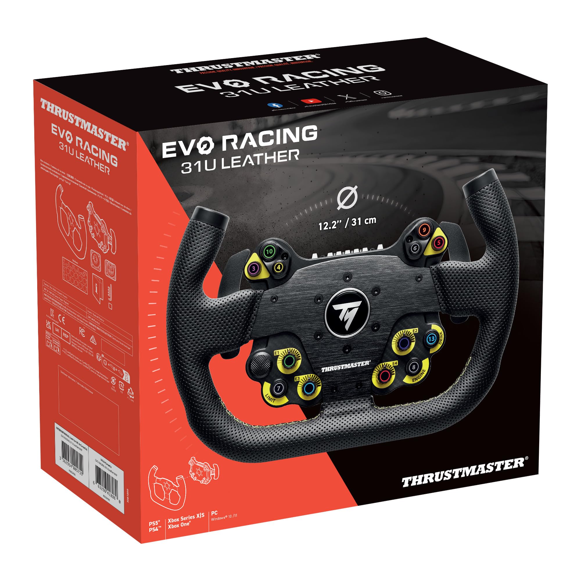 Thrustmaster EVO Racing 31U Leather - Aro de Volante Desmontable en Forma de "U" con Hub (Botones + LED) Revestido de Piel Sintética para Simracing - PS5, PS4, Xbox Series, Xbox One, PC