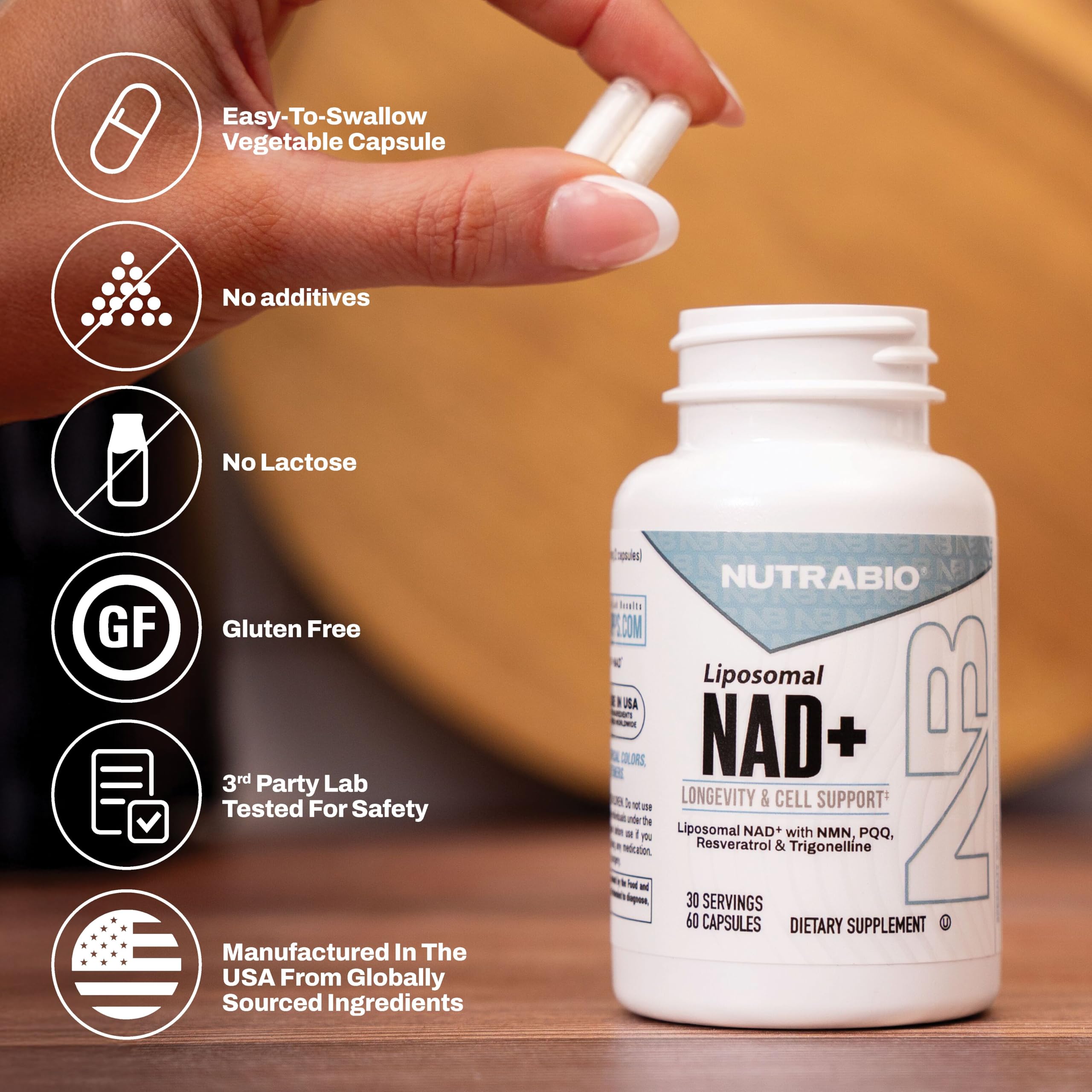 NutraBio Liposomal NAD+ Supplement with Resveratrol, NMN & PQQ for Longevity and Cell Support for Men and Women, Long-Term Vitality, 60 Capsules — Amazon image 6