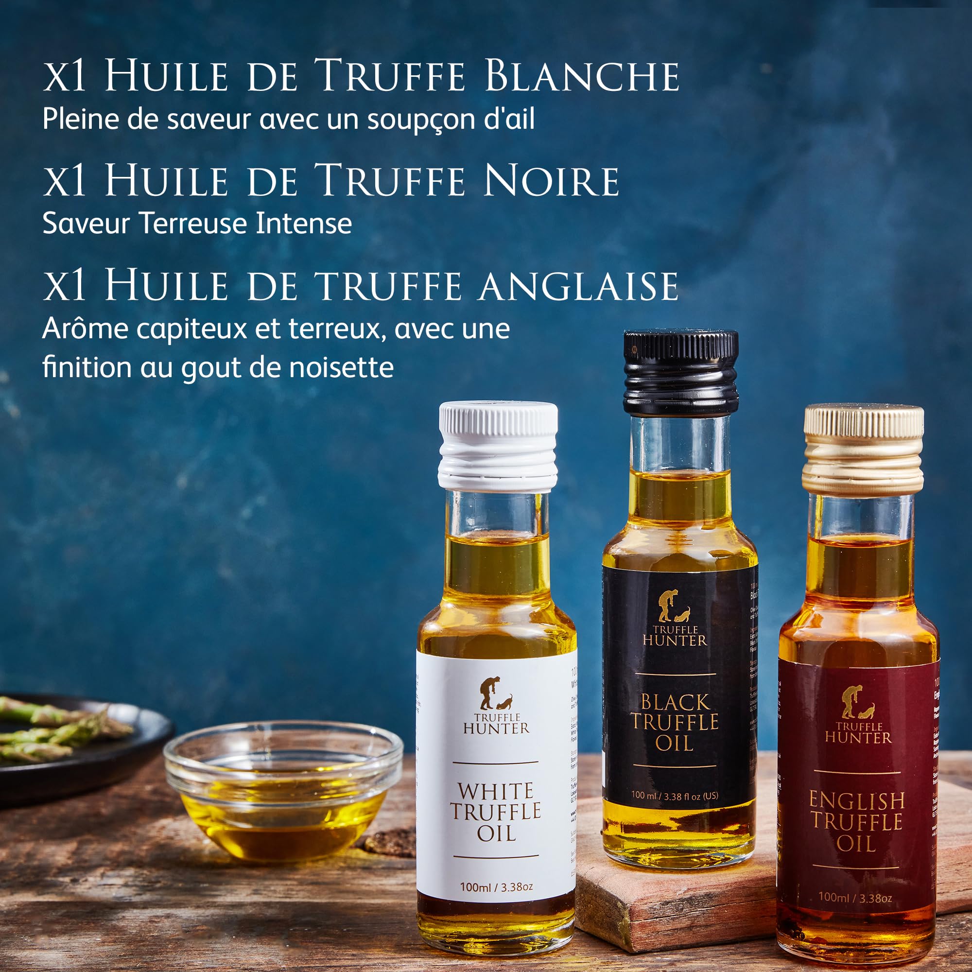 TruffleHunter - Ensemble d'Huiles de Truffe Anglaise, Noire et Blanche - Huile d'Olive Extra Vierge & Huile de Colza Pressée à Froid - 100ml x 3