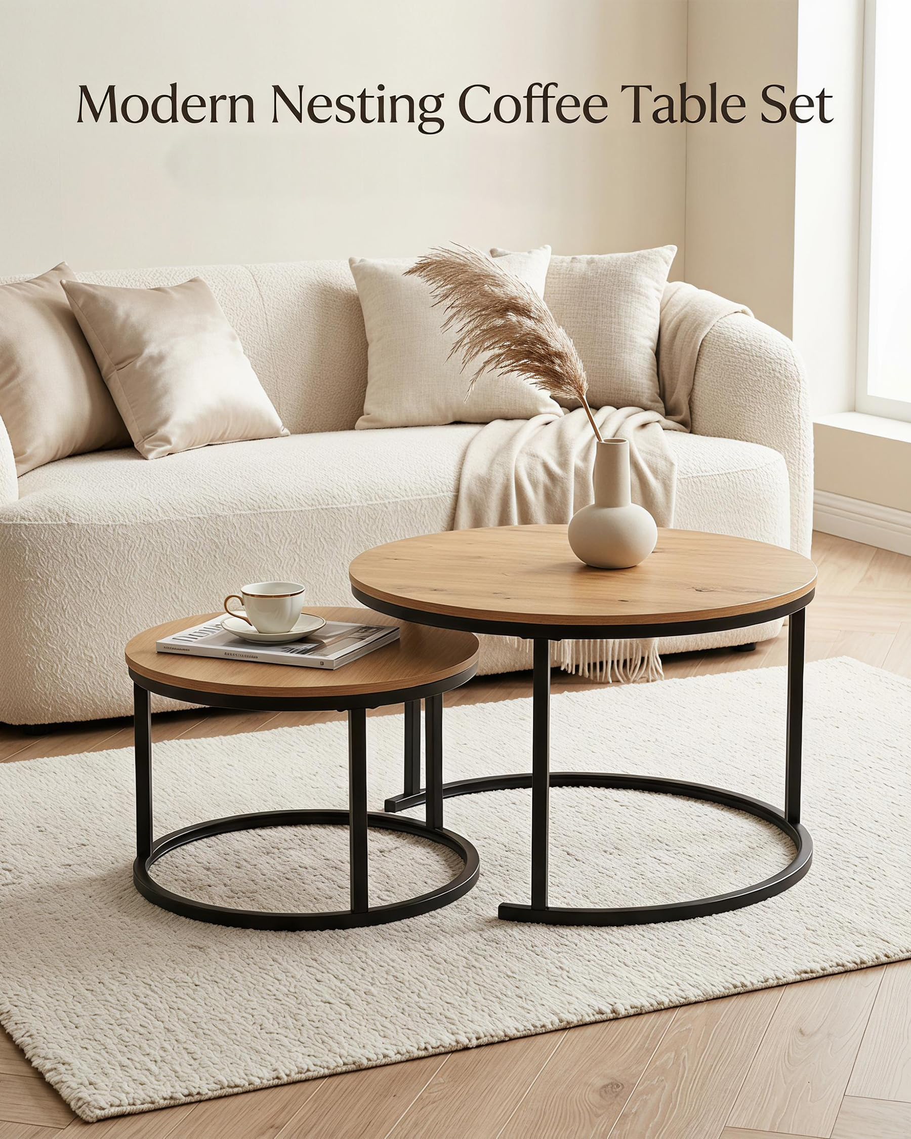 Couchtisch Rund Holz Beistelltisch Couch 2er Set 70cm Coffee Table | Wohnzimmertisch Rund Holz mit schwarzem Metallrahmen Couchtisch 70 x 70 mit natürlichen Holztrukturen