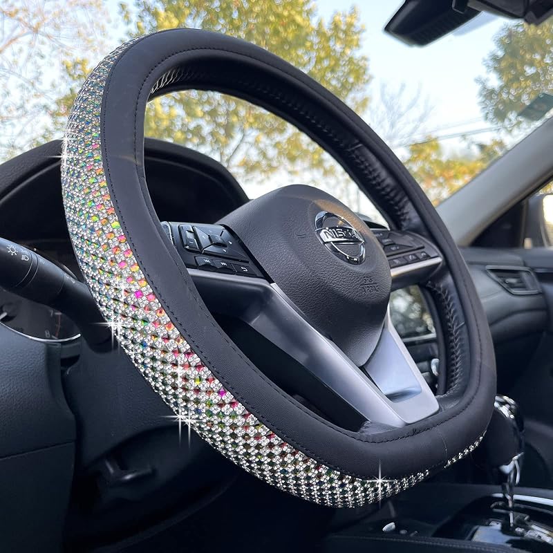 PINCTROT Capa para Volante D com Fundo Reto, Strass Colorido e Revestimento em Couro Sintético, 37,5 cm