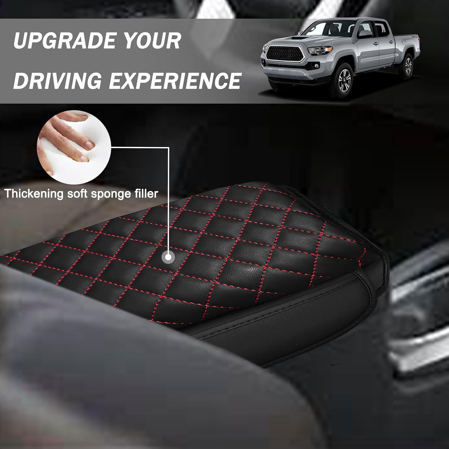 1.2in Thickness Center Console Cover for Tacoma Accessories 2024 2025 2026 Armrest Cover Leather Armrest Box Lid Protector Cushion Pad with Pockets Interior (Red Stitch)