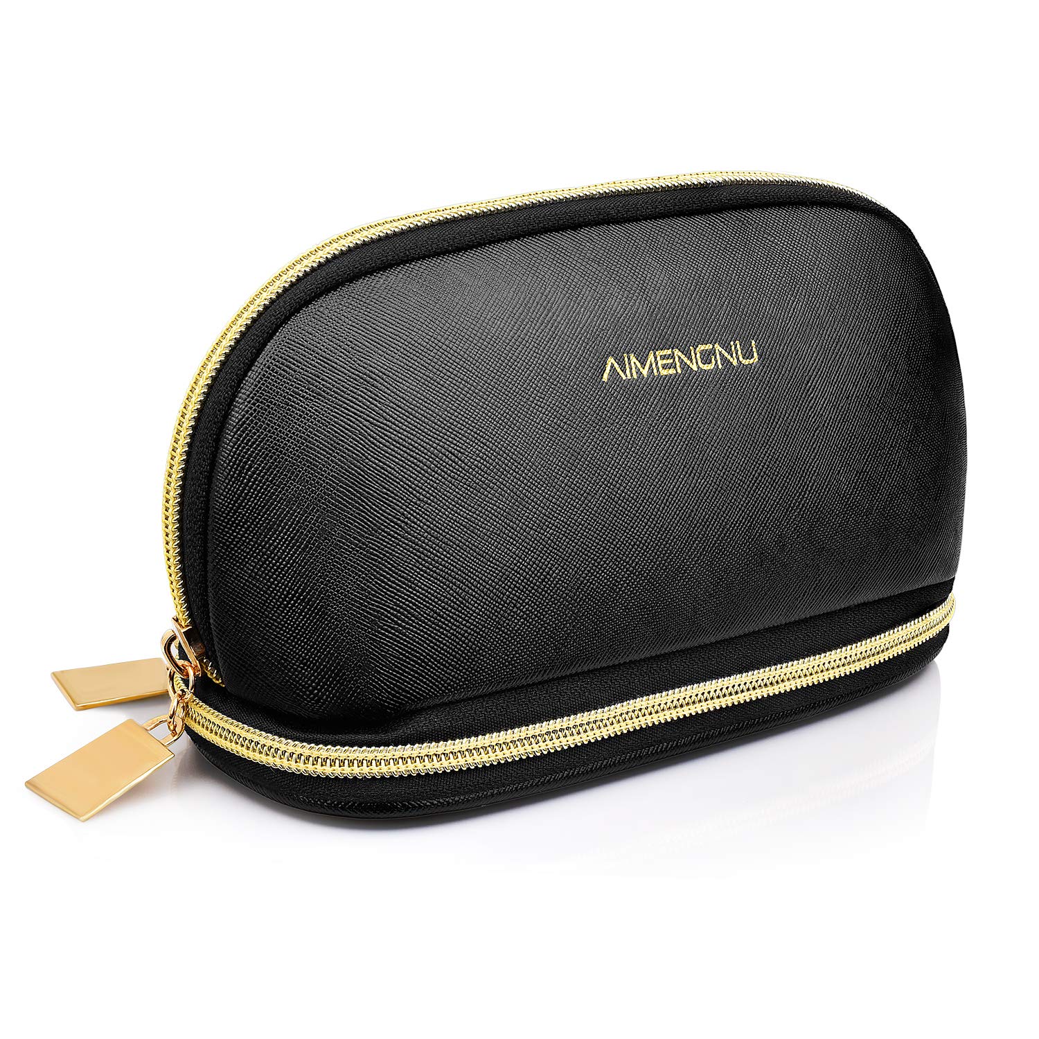 Zrse Cosmetic Bag Brush Organizer Makeup Pouch Leather 2 Layer Handy Waterproof Handbag for Purse Skincare Toiletry Storage Bag Travel Clutch Case for Ladies Women Girl-Black