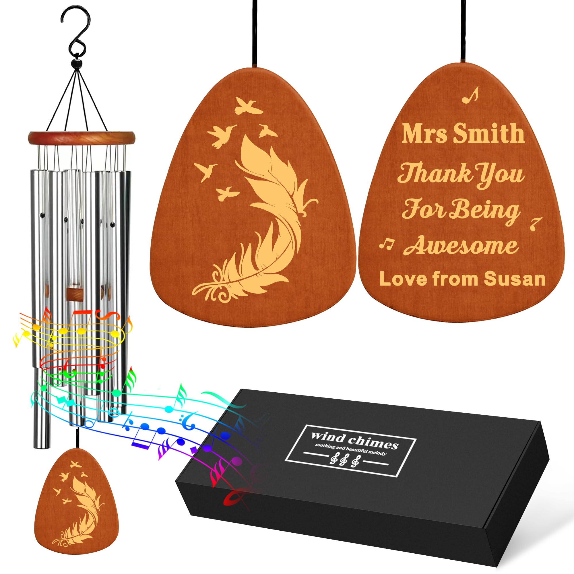 EDSG Thank You Teacher Gifts, Personalised 25.5 Inch Thank You Wind Chimes Gift, Personalised Teacher Gifts, Best Teachers Gift for Thanksgiving(Silver, Design 2)