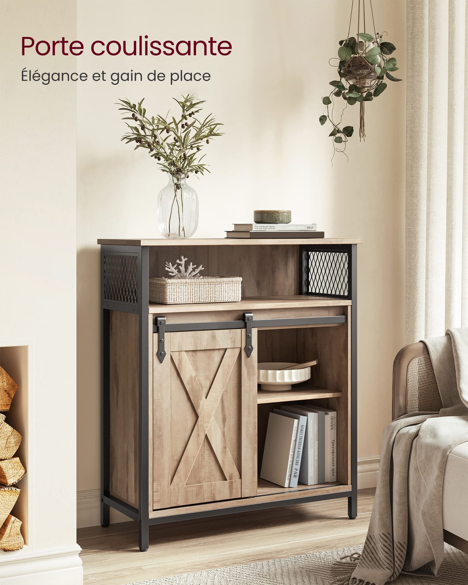 VASAGLE Meuble de Rangement, Buffet Cuisine, Commode, avec Porte Coulissante, 30 x 70 x 80 cm, Étagères Réglables, pour Salon, Marron Camel et Noir d'encre LSC089B50V1