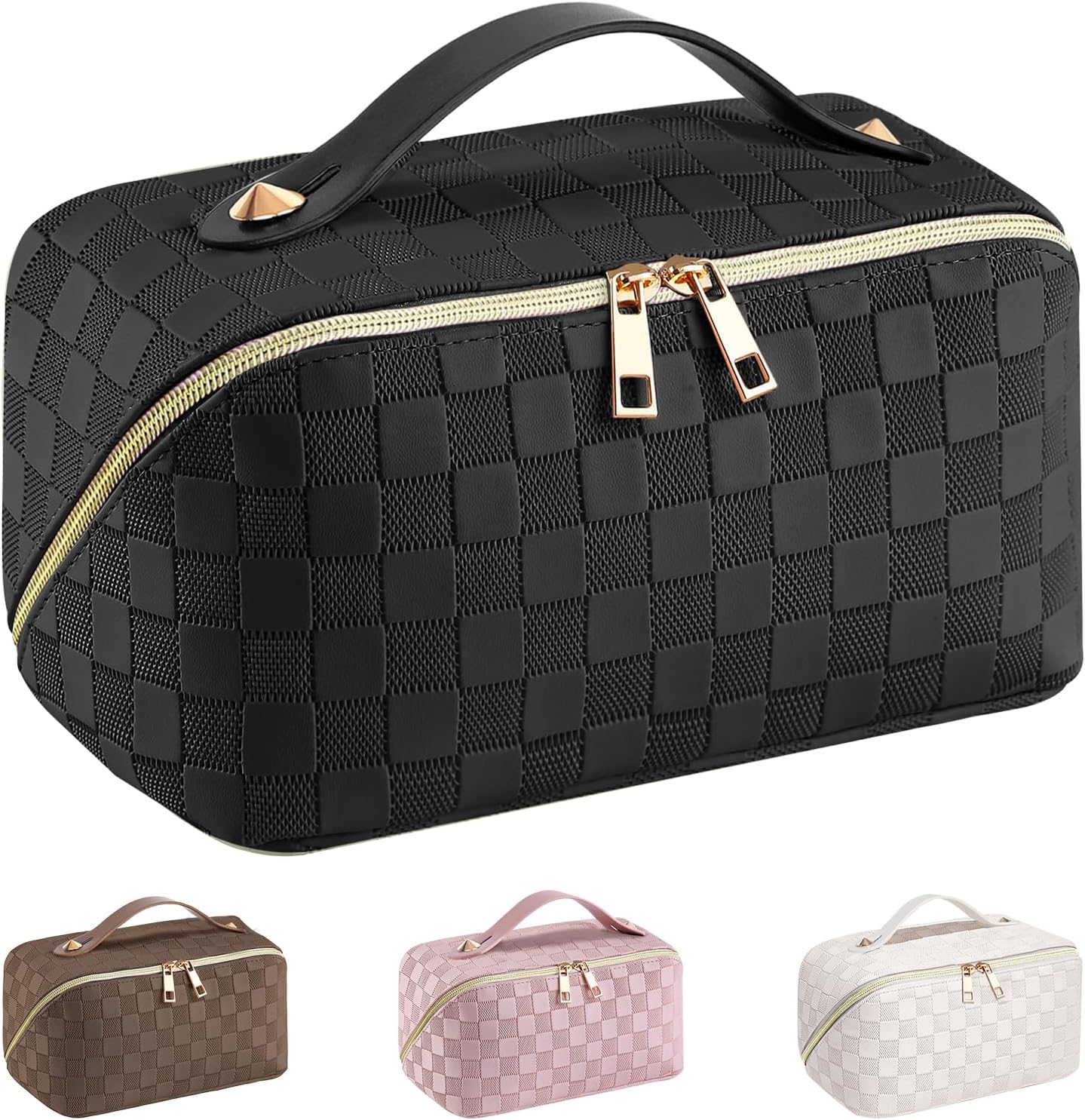 Neceser Viaje Mujer de PU, XXL Organizador Bolsa de Aseo para Maquillaje, Makeup Bag, Necessaire Viajes Accesorios de Mujer (Enrejado-Negro)