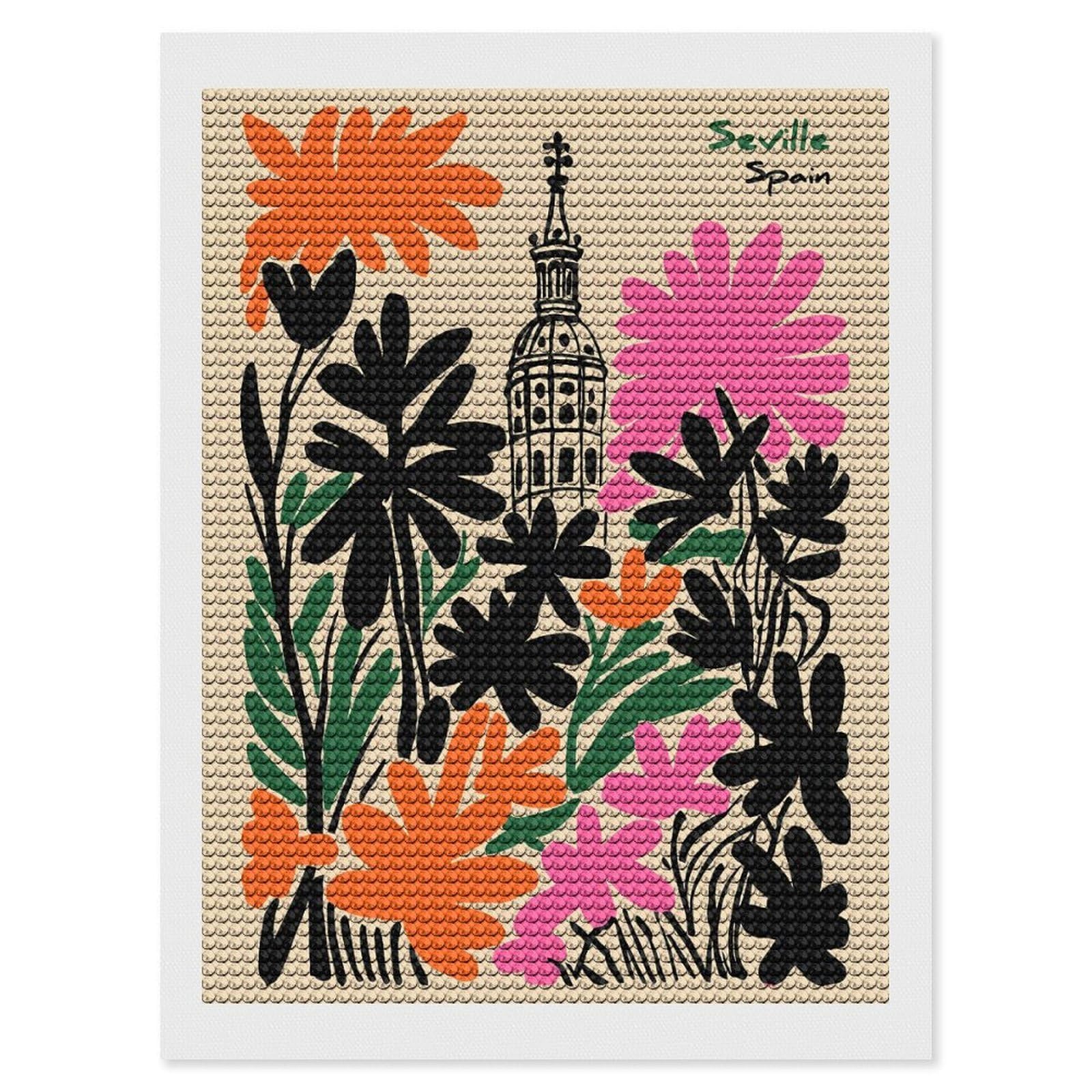 Junmoney Seville Spain Floral Illustration Diamond Painting Canvas Set 12"x16", Mindful Craft Activity, Nice Detail and Sparkle, Farmhouse Decor, Birthday Gift