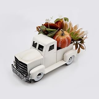 Vintage Small White Truck Decor with Fake Plants Farmhouse Table Top Decor, Metal Truck with Pumpkin,Sunflower,Peony Fall Decor for Home, Rustic Farmhouse Coffee Table Tiered Tray Decor, 8 inch…