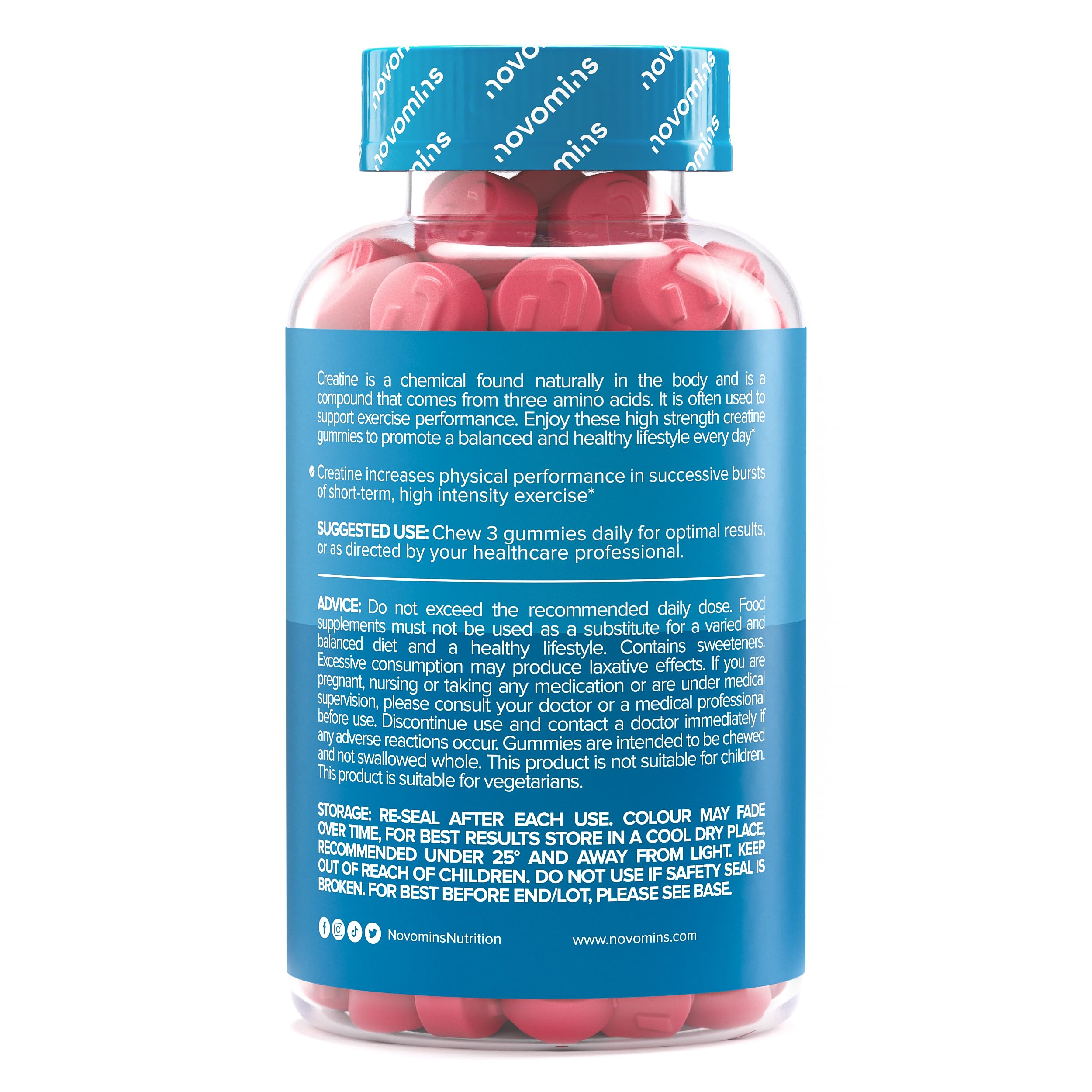 Creatina Monoidrata Gommose – 5000 mg per Porzione ad Alta Forza – Aumenta le Prestazioni Fisiche – Alternativa a Polvere, Compresse e Capsule – Vegana, Gusto Fragola – 90 Gommose – Novomins