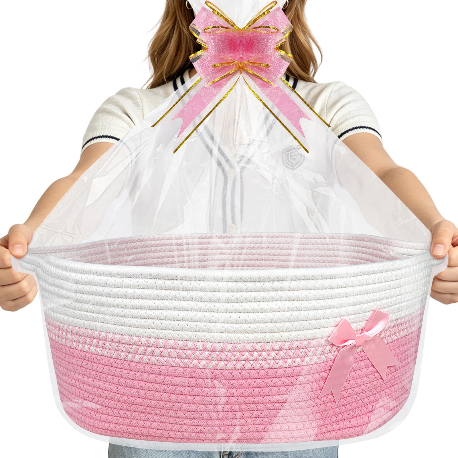 Lotvic 43x32x18cm Large Gift Basket, Hamper Kit, Empty Hamper Basket with Cellophane Bags and Pull Bows, Rope Gift Baskets with Handles, Gift Baskets for Baby Shower, Birthday (Pink)