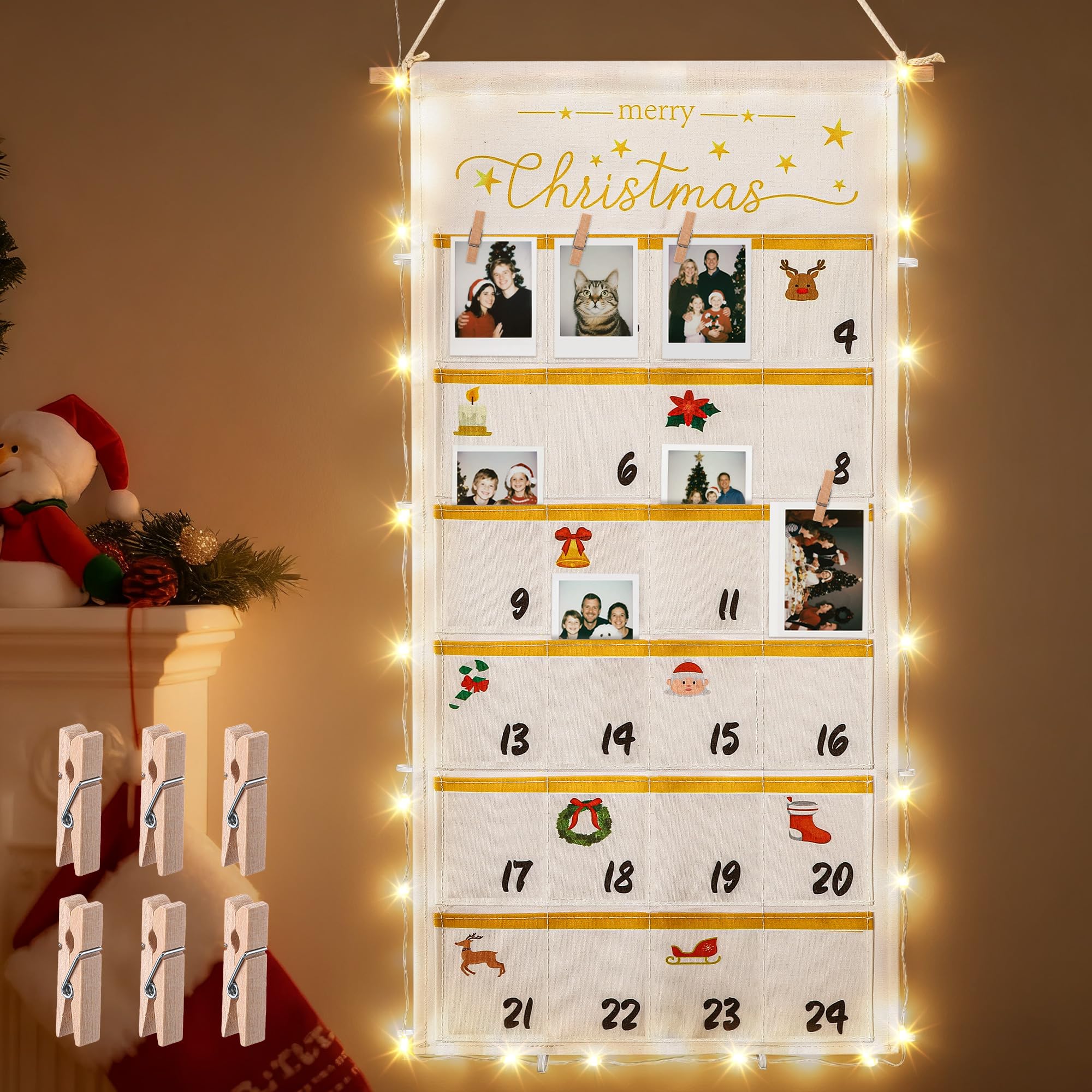 Advent Calendar Photo Board for Pictures, Instant Photo Advent Calendar 2025 with Wood Clips, Christmas Countdown Hanging Display with Pockets, Reusable Xmas Holiday Decor(32.3 In) Wood Clips 13.8