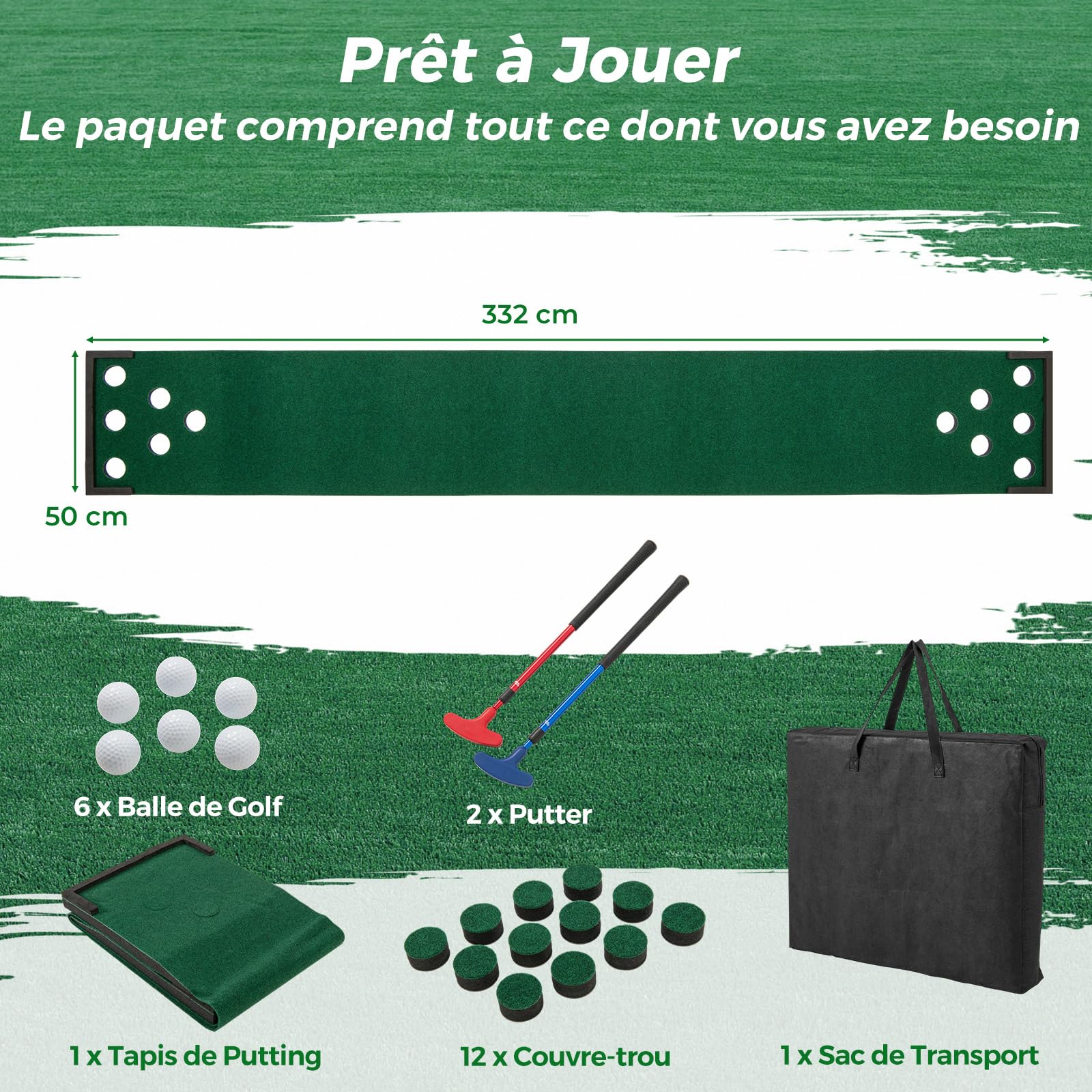COSTWAY Tapis de Putting Entraînement Golf, Golf Putting avec 2 Putters Ajustables, 6 Balles et 12 Couvercles de Trous pour Fête, Tapis d'Entraînement pour Intérieur/Extérieur