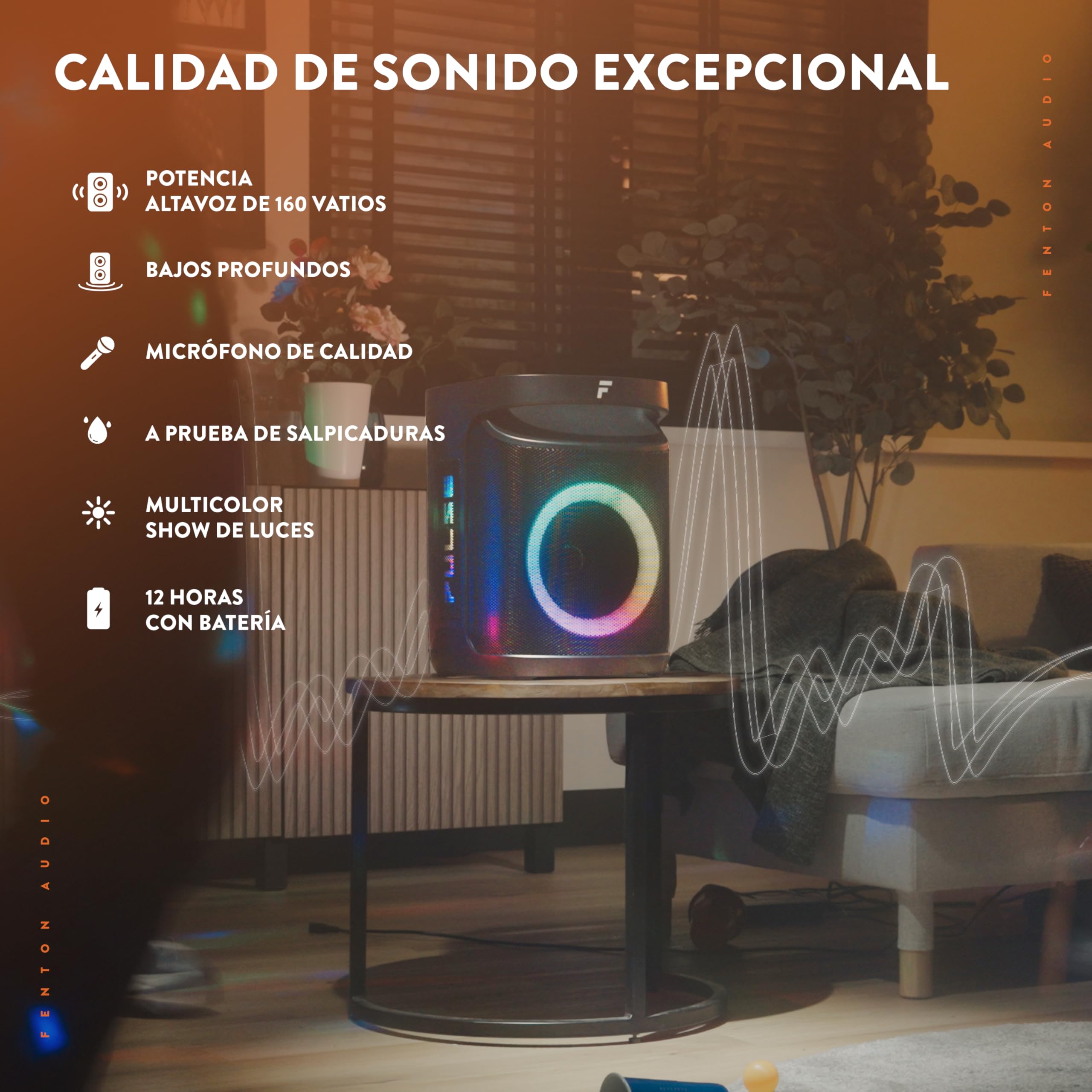 Fenton Pulse65 – Altavoz Bluetooth portátil 140W con microfono inalámbrico, batería 12h, IPX4, USB, microSD, Altavoz portatil Potente Exterior Karaoke Machine Speakers con LED, Color Negro