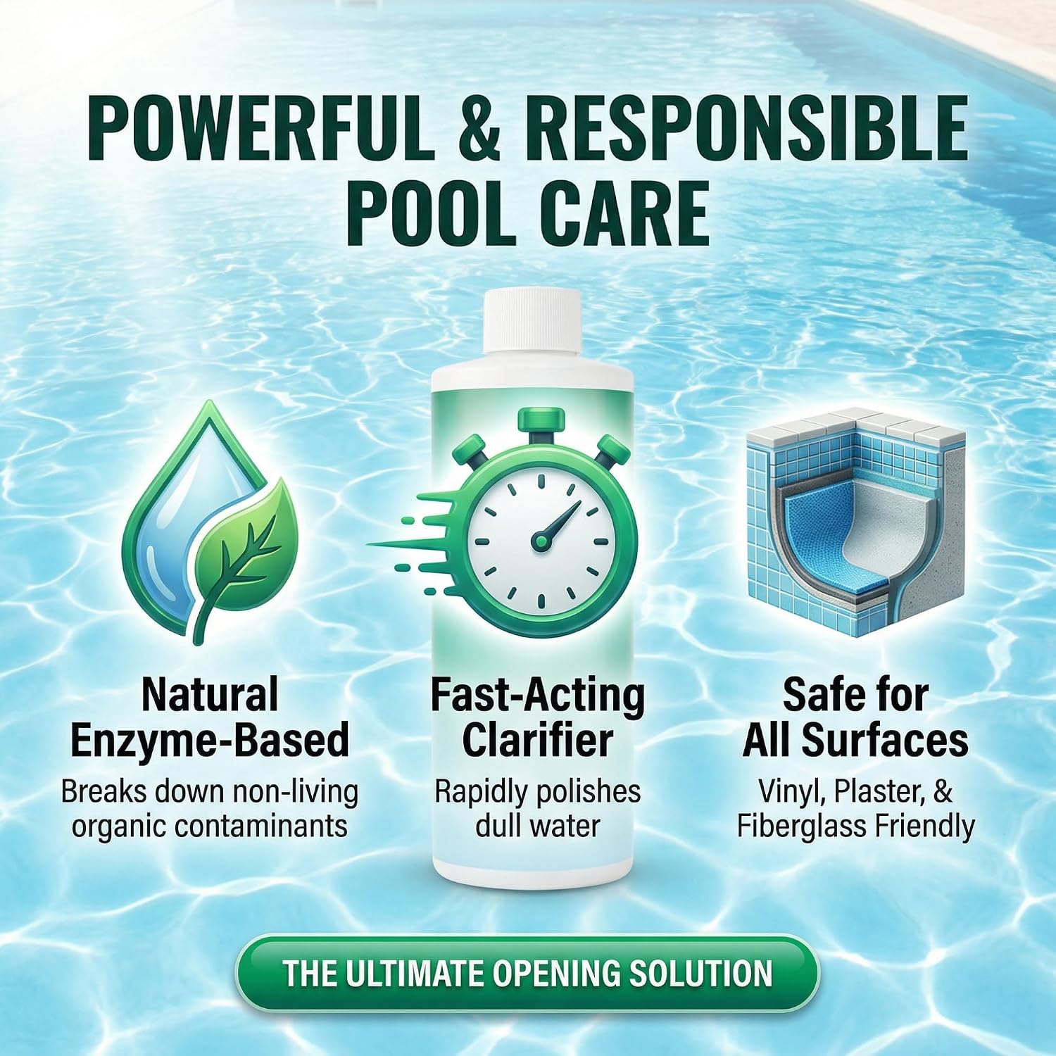 Pool Opening Chemical, 16 oz Treats Up to 20,000 Gallons, Pool Starter Kit for Above Ground & Inground Pools, Spring Start Up Clarifier Support, Chlorine or Salt Compatible – BubbyShine