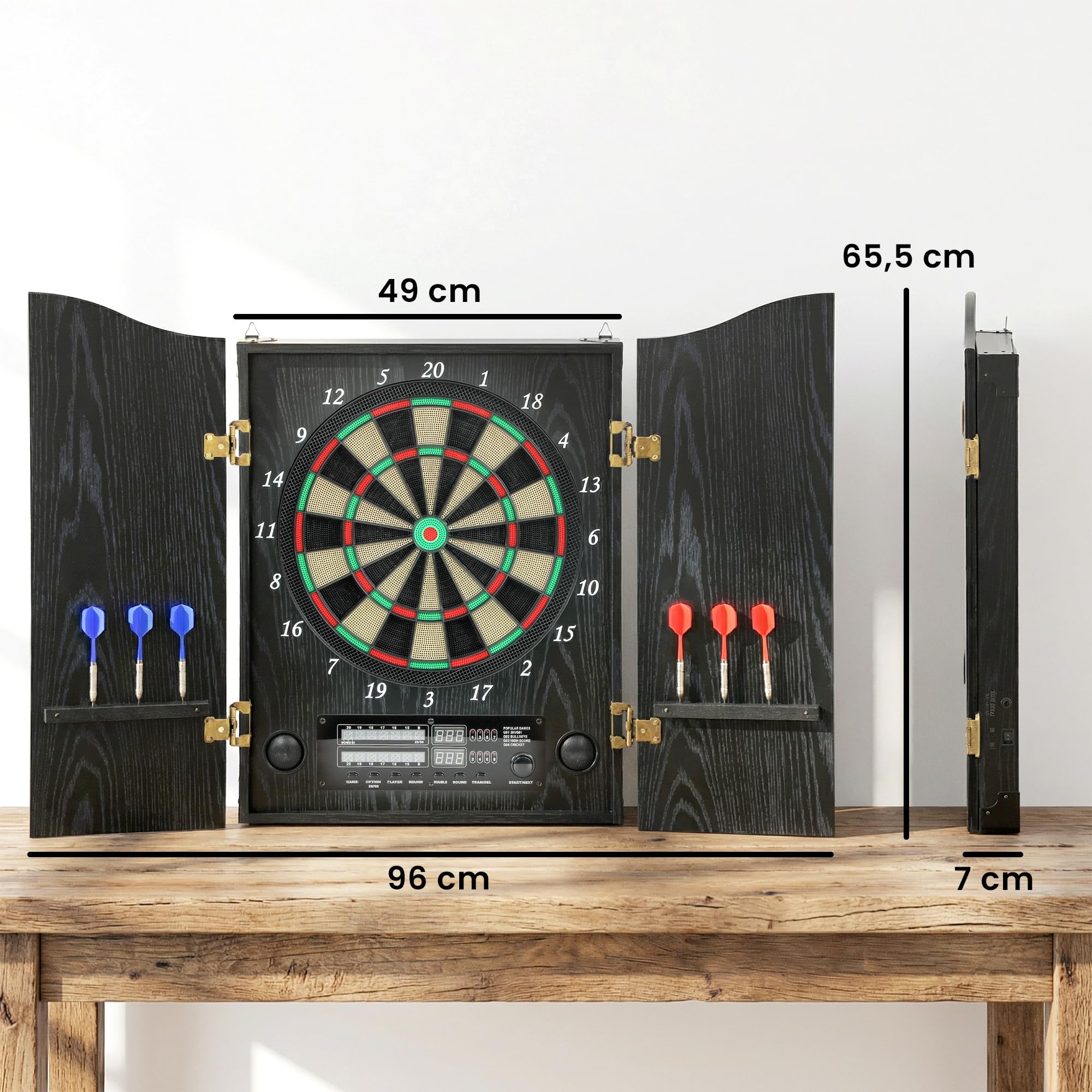 SPORTNOW Cible de fléchettes électronique E avec armoire, affichage LED, annonces vocales, 6 fléchettes souples, 25 jeux