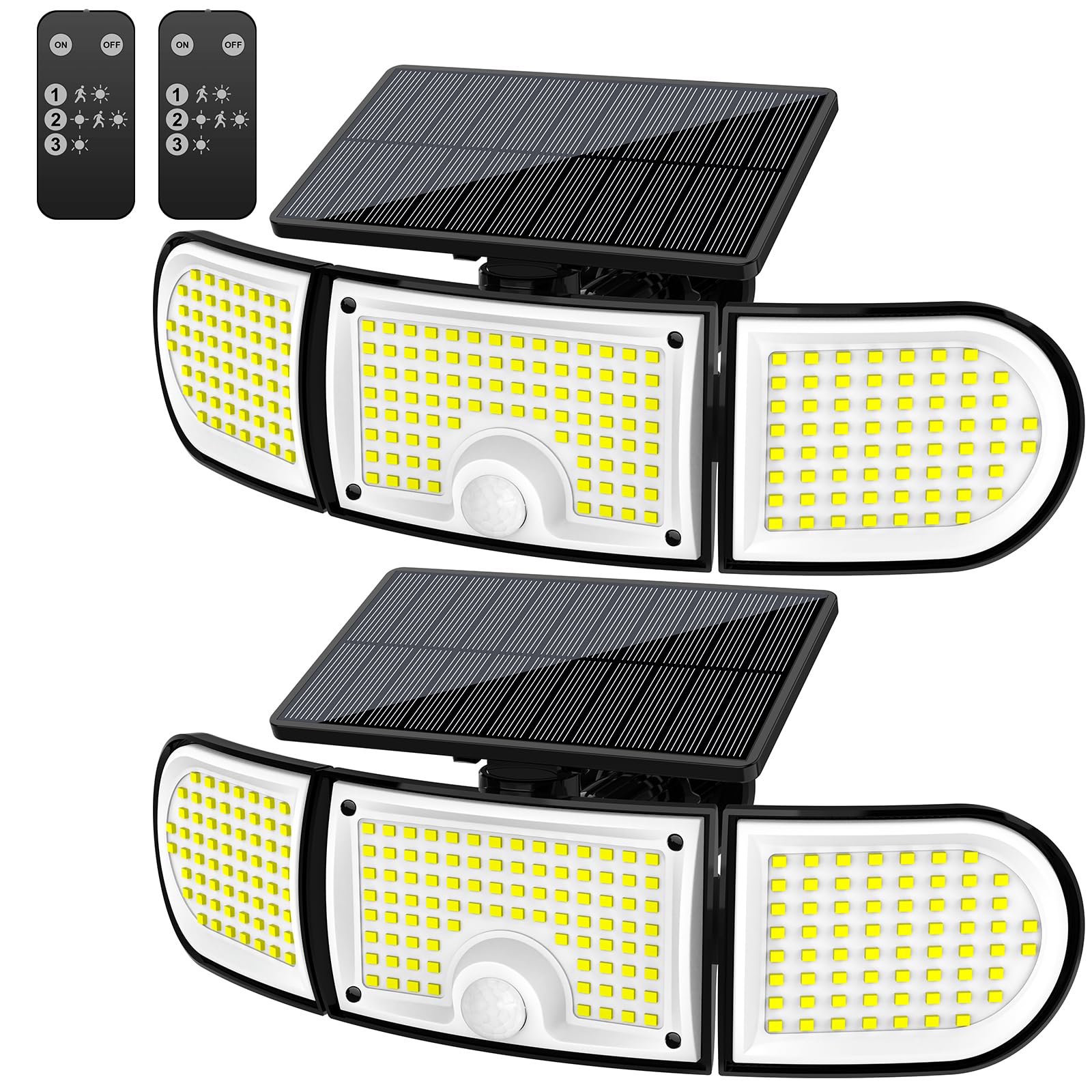 IYGR Solar Motion Sensor Lights Outdoor, 3000LM 218 LED 3 Heads Security Flood Light with Remote Control, IP65 Waterproof 270° Wide Angle Solar Wall Lights 3 Modes for Garage,Yard,Patio,2 Pack