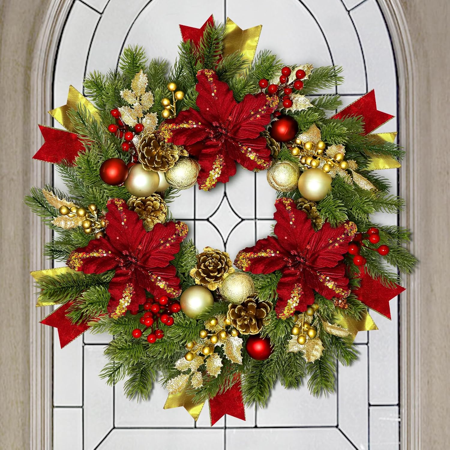 24 inch Christmas Wreaths for Front Door with Lights,Christmas Door Wreath with Red Flowers and Ball,Pine Cones,Frosted Leaves,Ribbons and Berries for Home Decorations (Red)