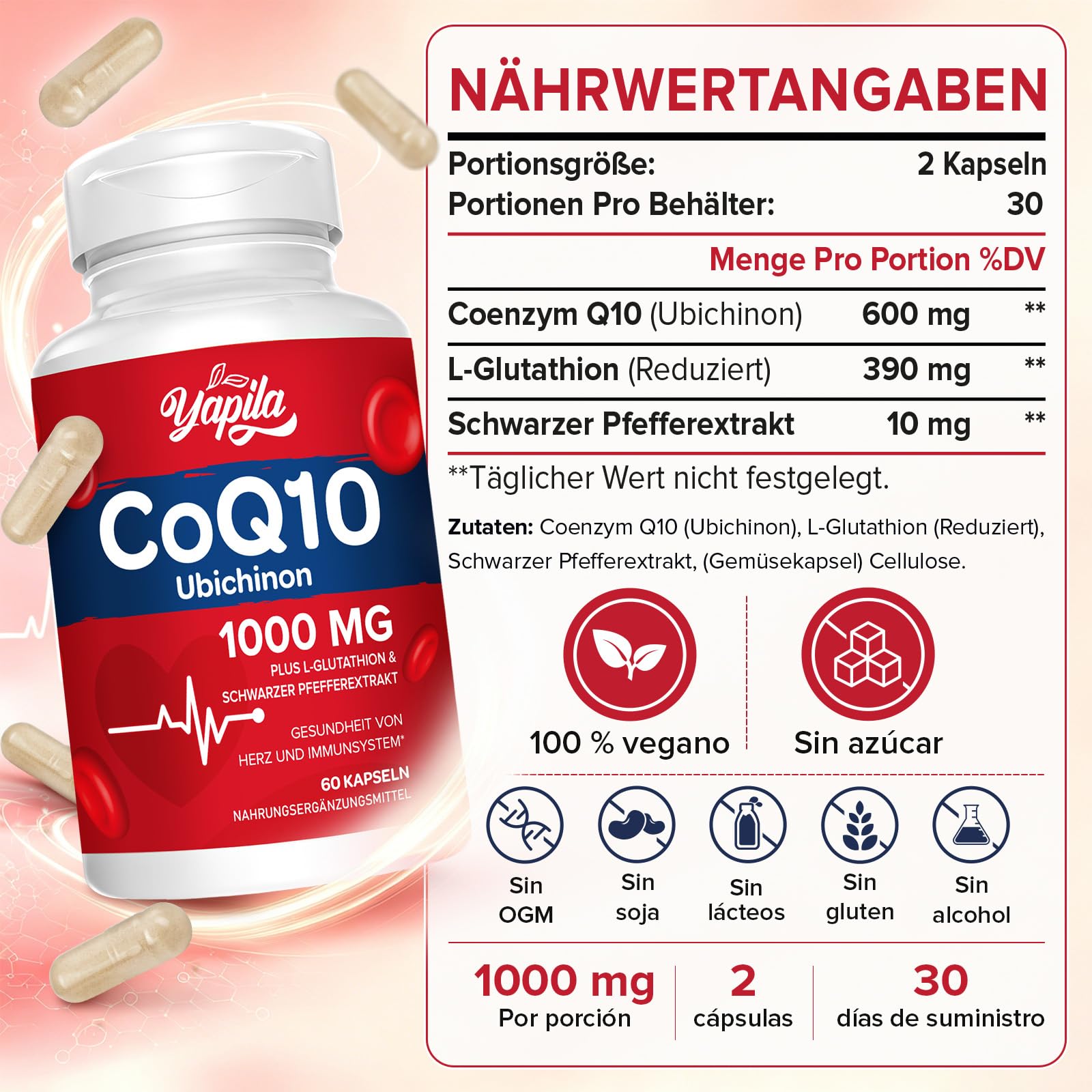 CoQ10 con L-Glutatión Cápsulas de 1000 mg(2 Paquetes) - Coenzima Q10 100% Fermentada, Coenzime Q10 Altamente Concentrada, Coenzima Q10 Antioxidante, Sin Soja, Sin Gluten, Vegano
