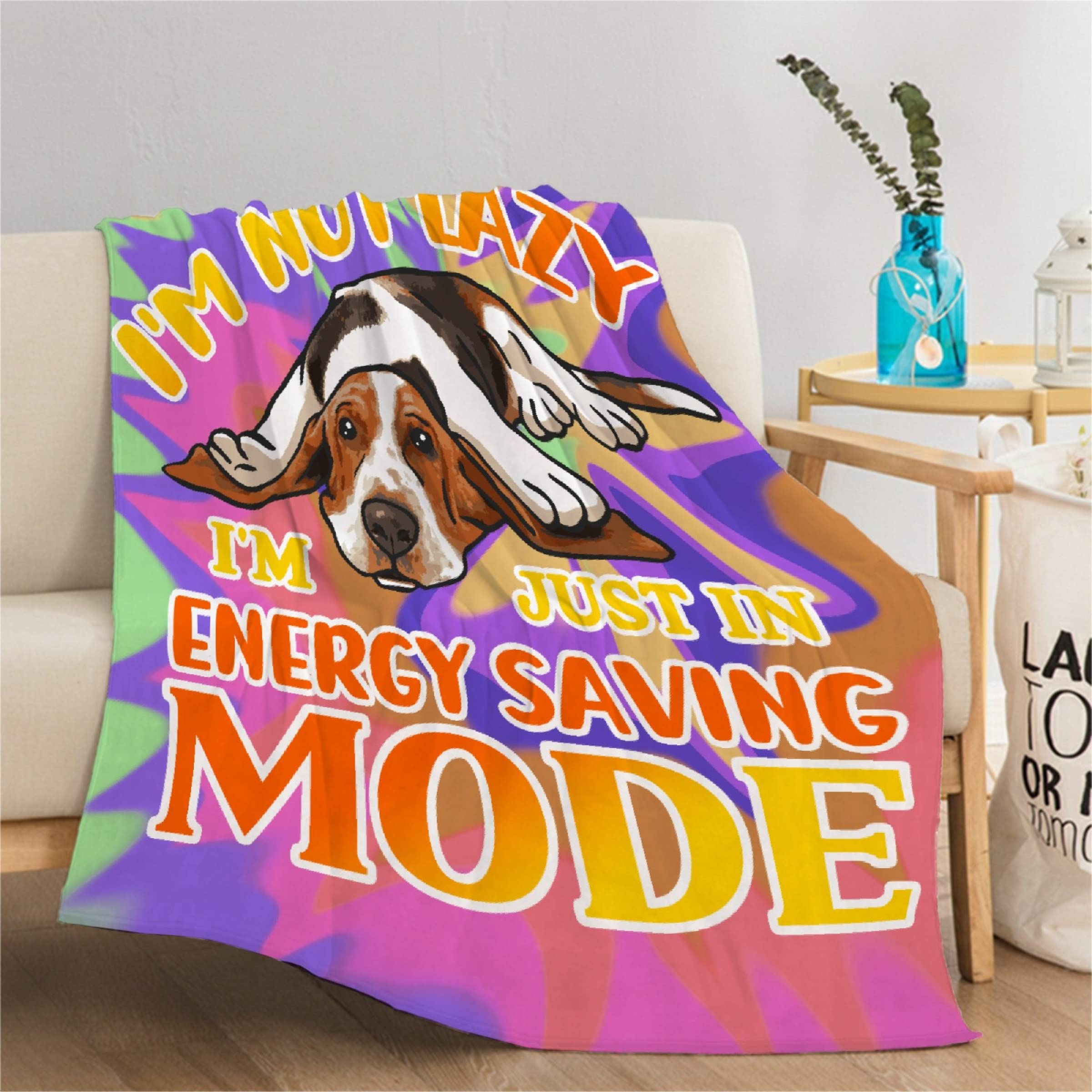 Thuswarm I'm Not Lazy I'm Just in Energy Saving Mode Dog Flannel Throw Blanket Warm Cozy Soft Funny Print Blankets for Bed Couch Sofa Room Decoration Gifts 60